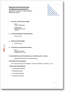 Hauptbild des Produkts: Datenschutzrechtliches Verfahrensverzeichnis Verantwortlicher DSGVO