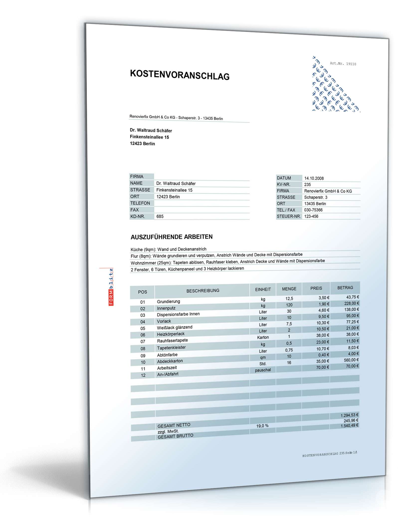 Hauptbild des Produkts: Kostenvoranschlag Maler- und Lackierarbeiten