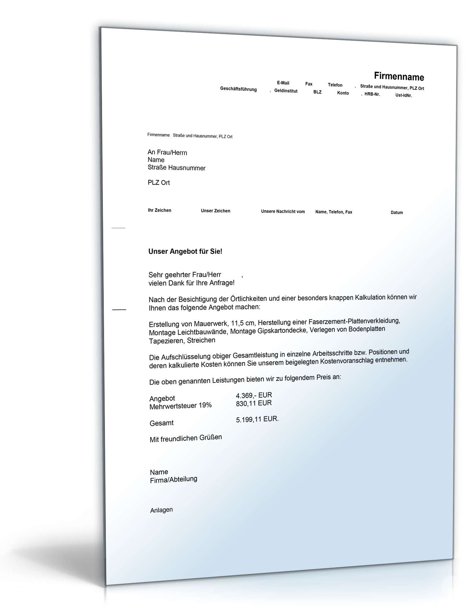 Hauptbild des Produkts: Kostenvoranschlag Trockenbau-, Maurer- und Malerarbeiten