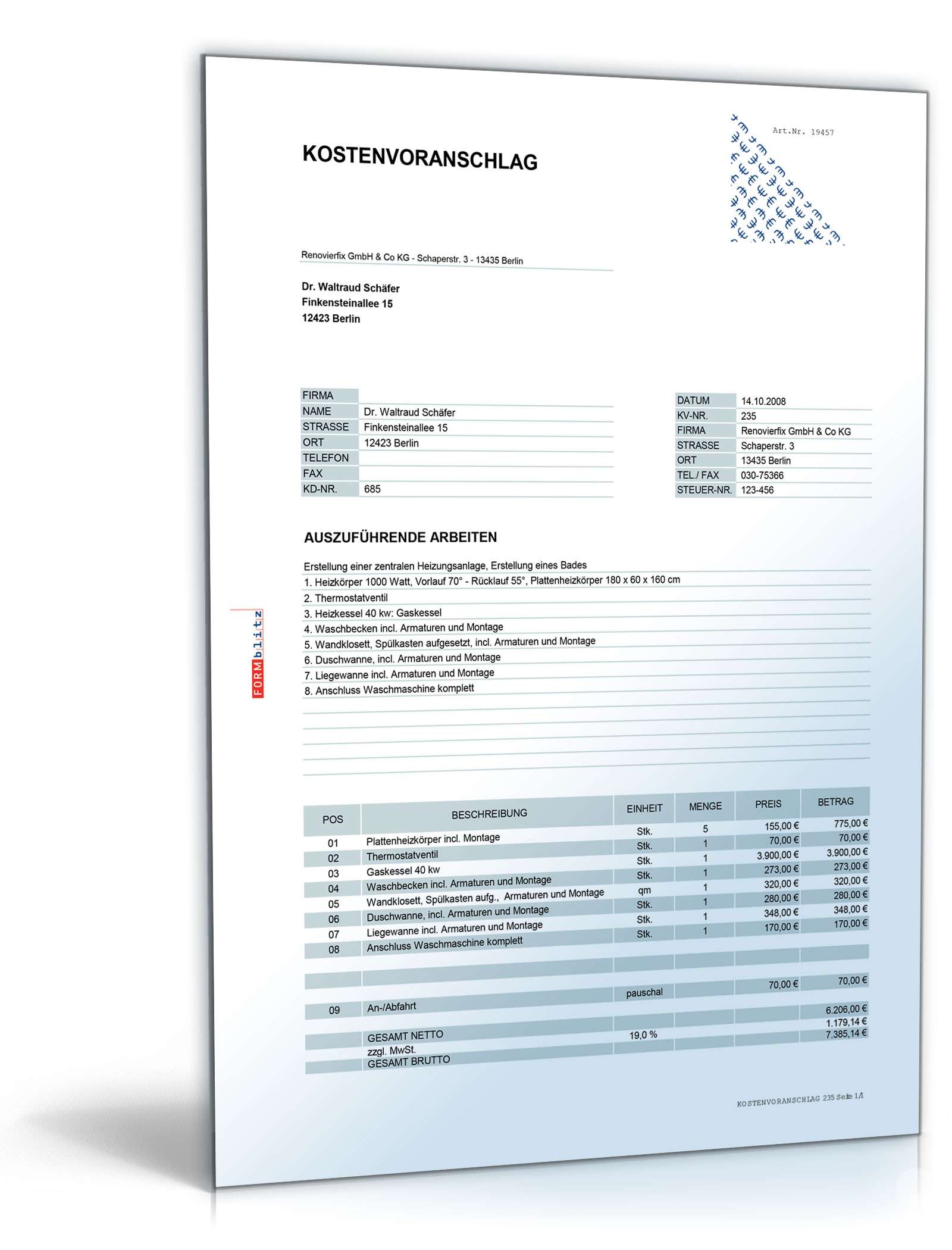 Hauptbild des Produkts: Kostenvoranschlag Heizung-, Gas- und Sanitärarbeiten