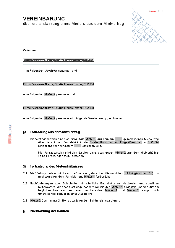 Mietvertrag lebenspartner muster