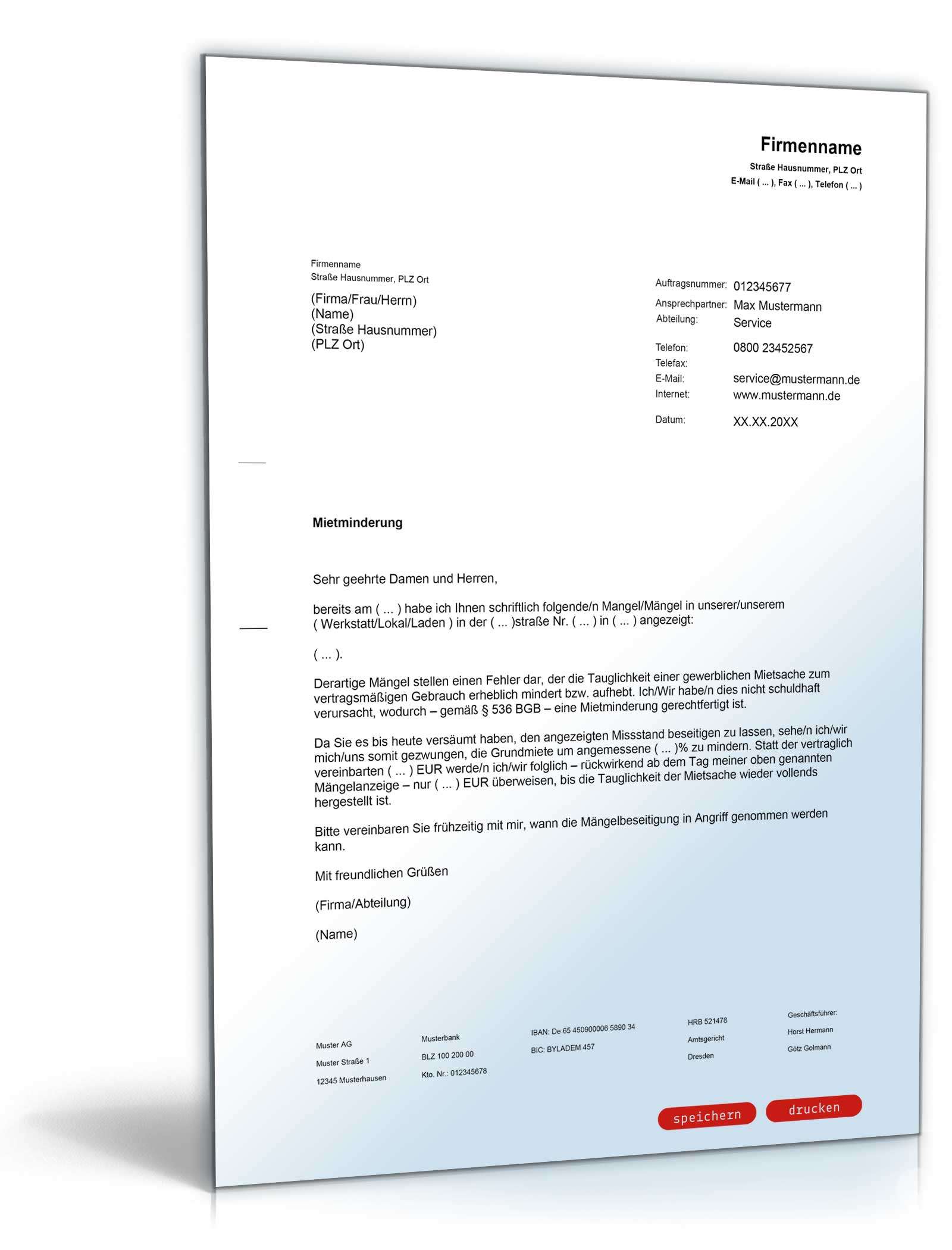 Mietminderung Gewerbemietvertrag Muster zum Download