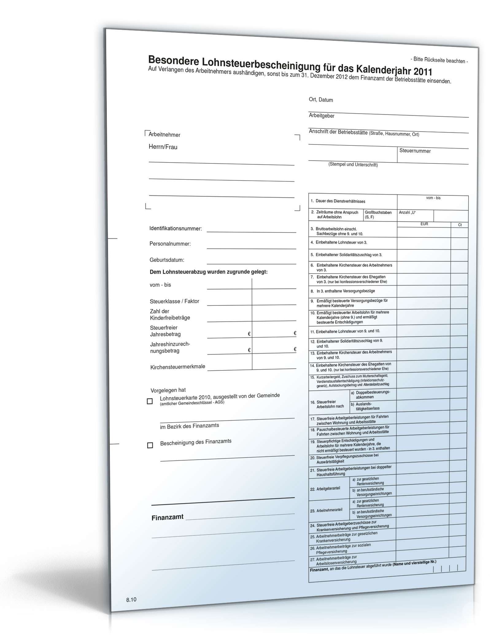 Hauptbild des Produkts: Besondere Lohnsteuerbescheinigung 2011