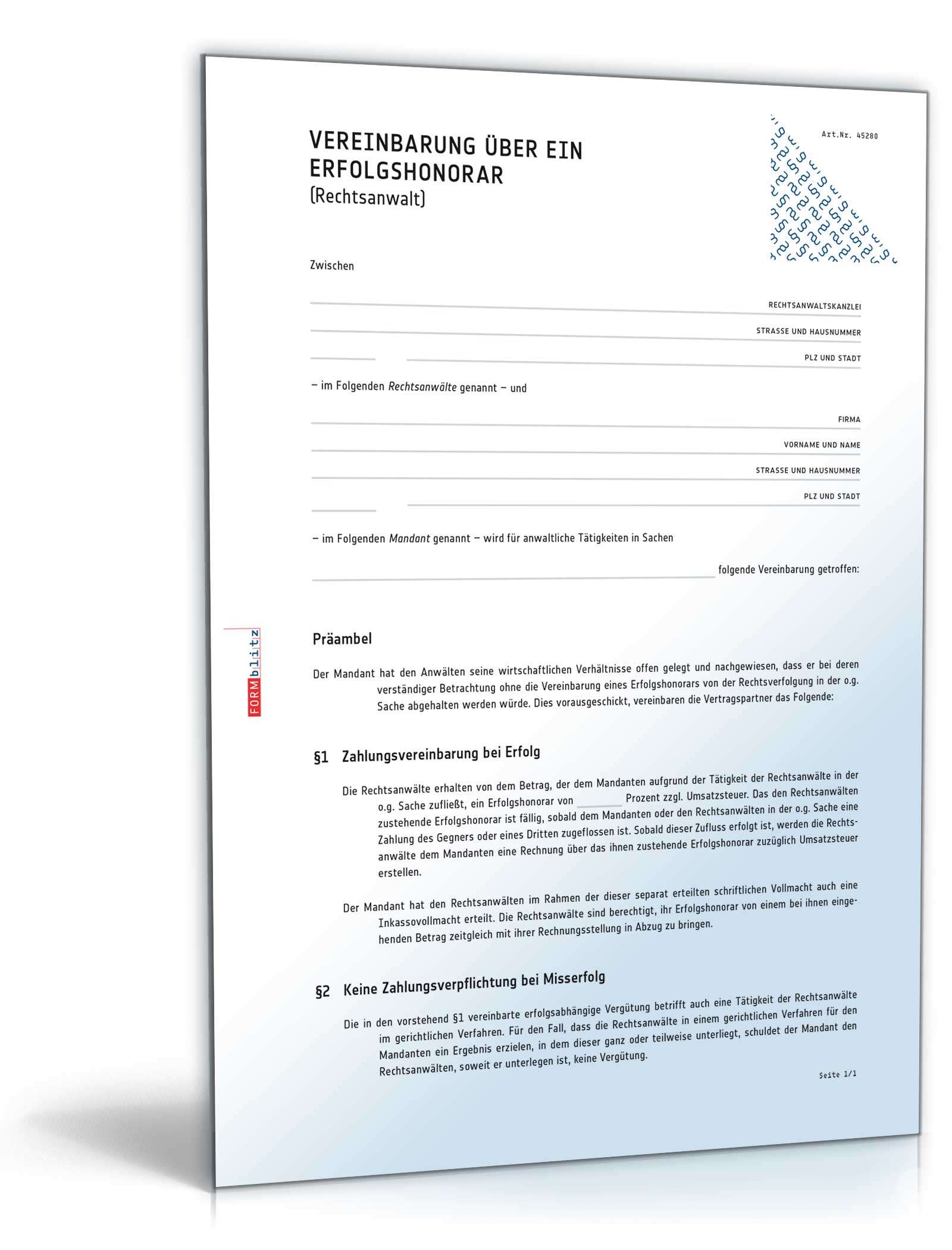 Hauptbild des Produkts: Vereinbarung Erfolgshonorar Rechtsanwalt