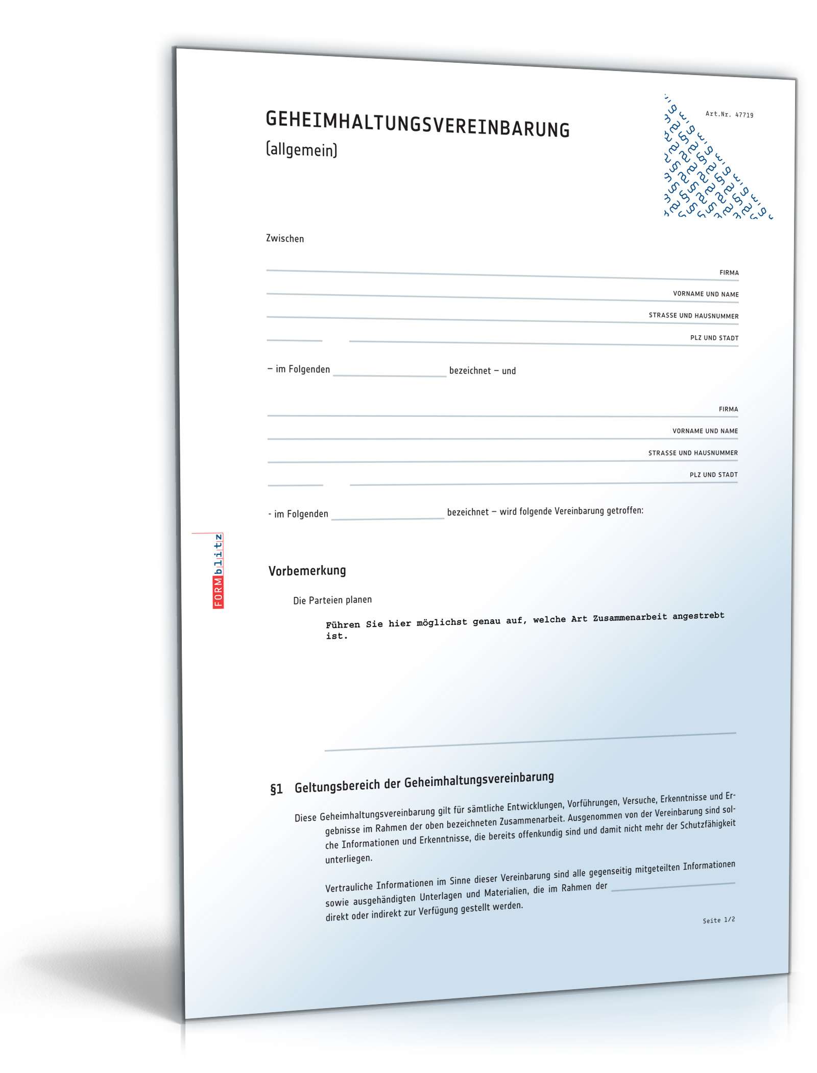 Hauptbild des Produkts: Geheimhaltungsvereinbarung Allgemein