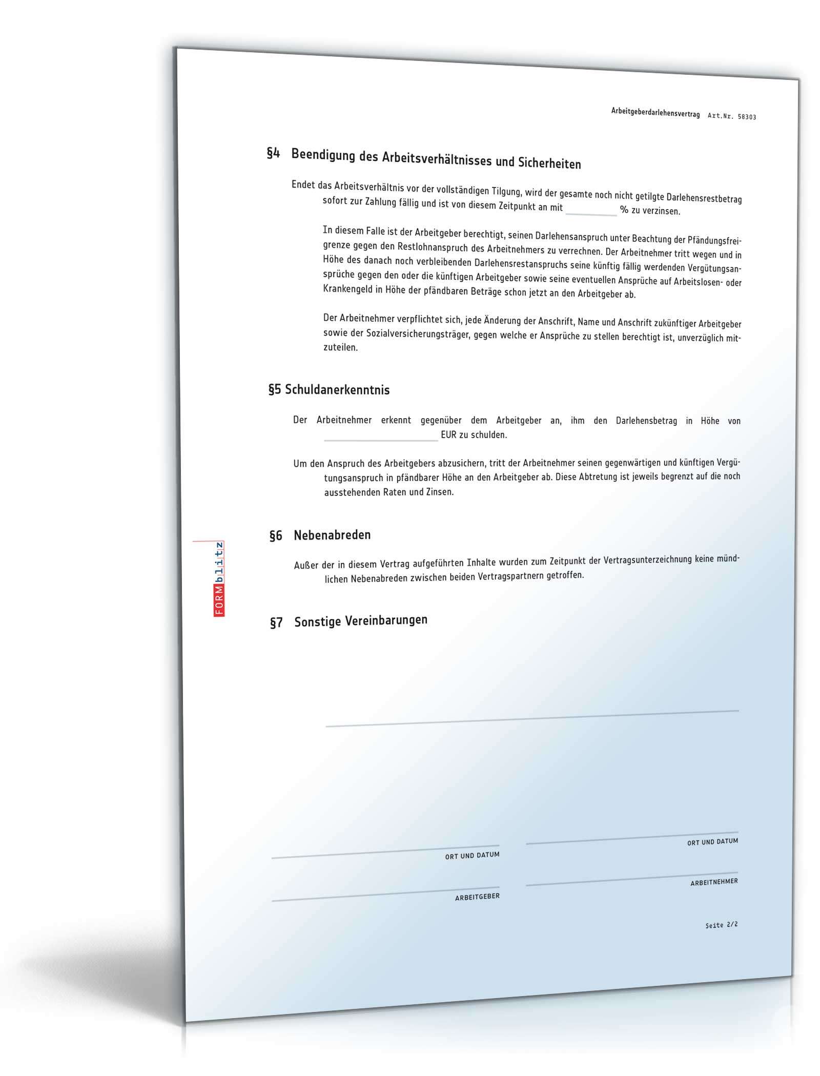 Arbeitgeberdarlehensvertrag Mit Schuldanerkenntnis Muster Zum Download