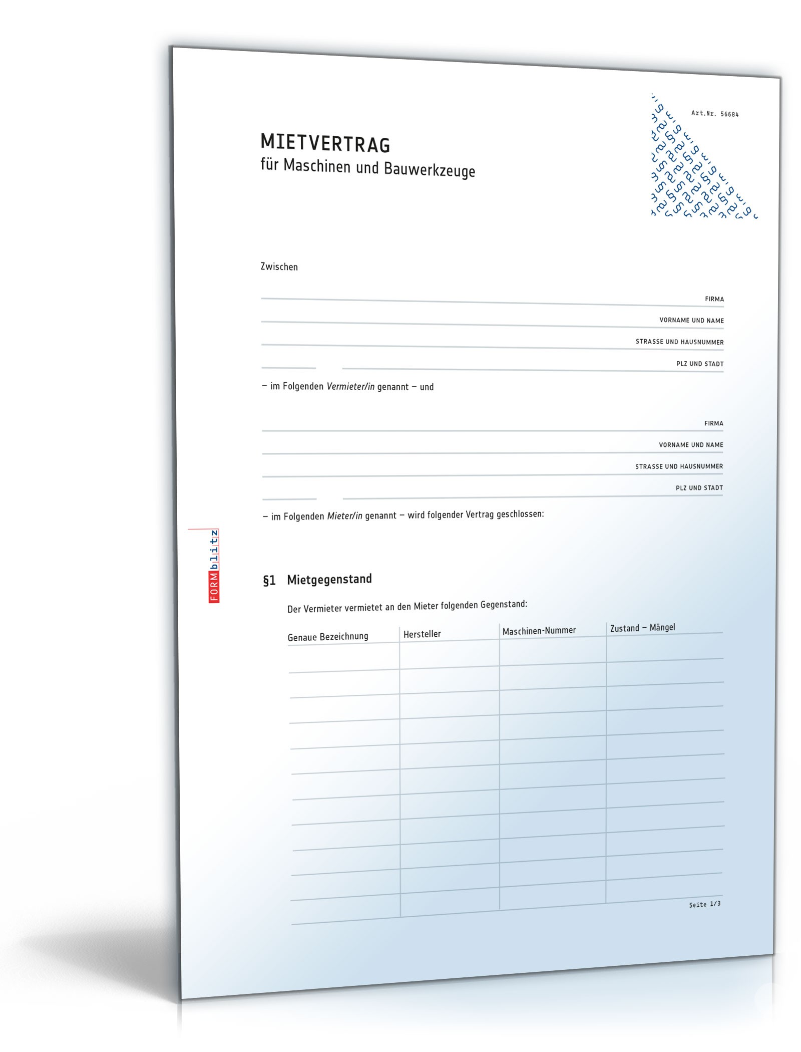 Mietvertrag Maschinen und Bauwerkzeuge: Muster zum Download