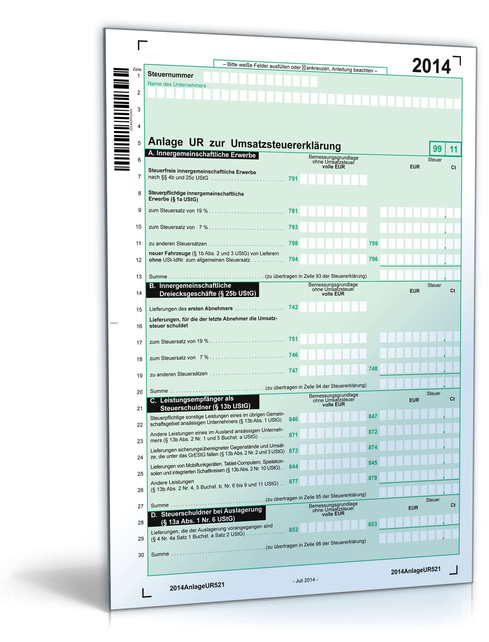 Hauptbild des Produkts: Anlage UR zur Umsatzsteuererklärung 2014