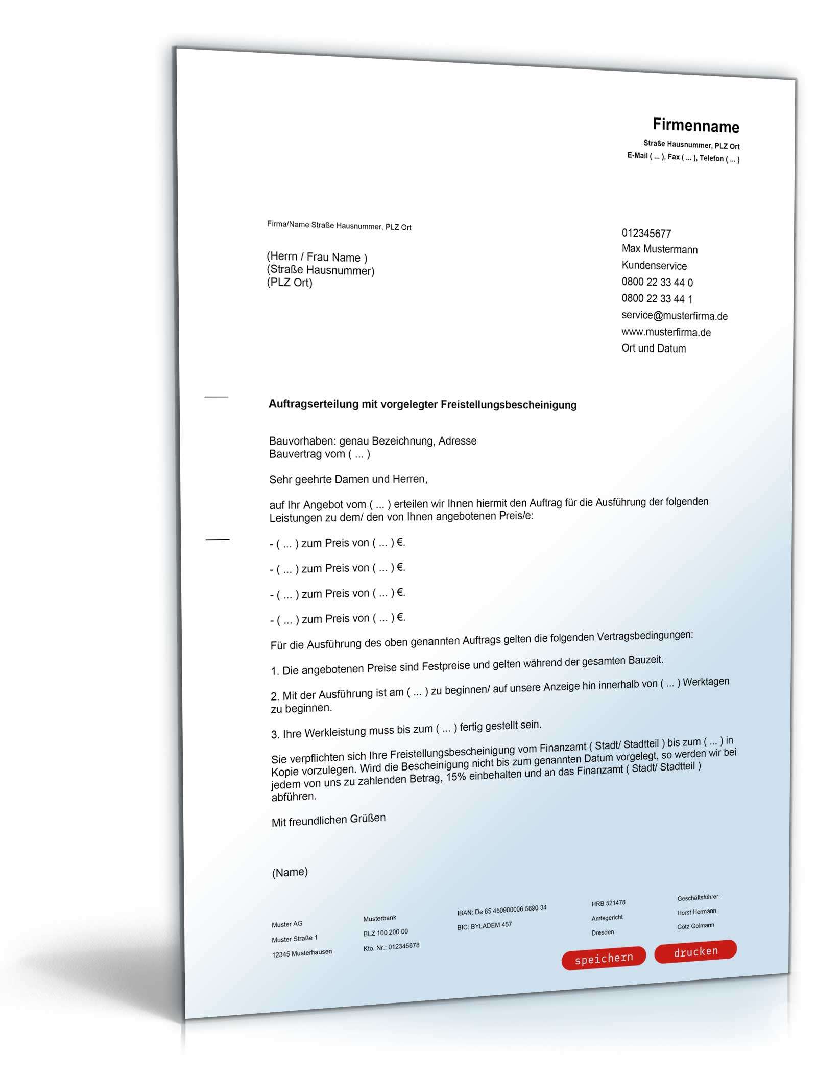 Hauptbild des Produkts: Auftragserteilung mit Freistellungsbescheid