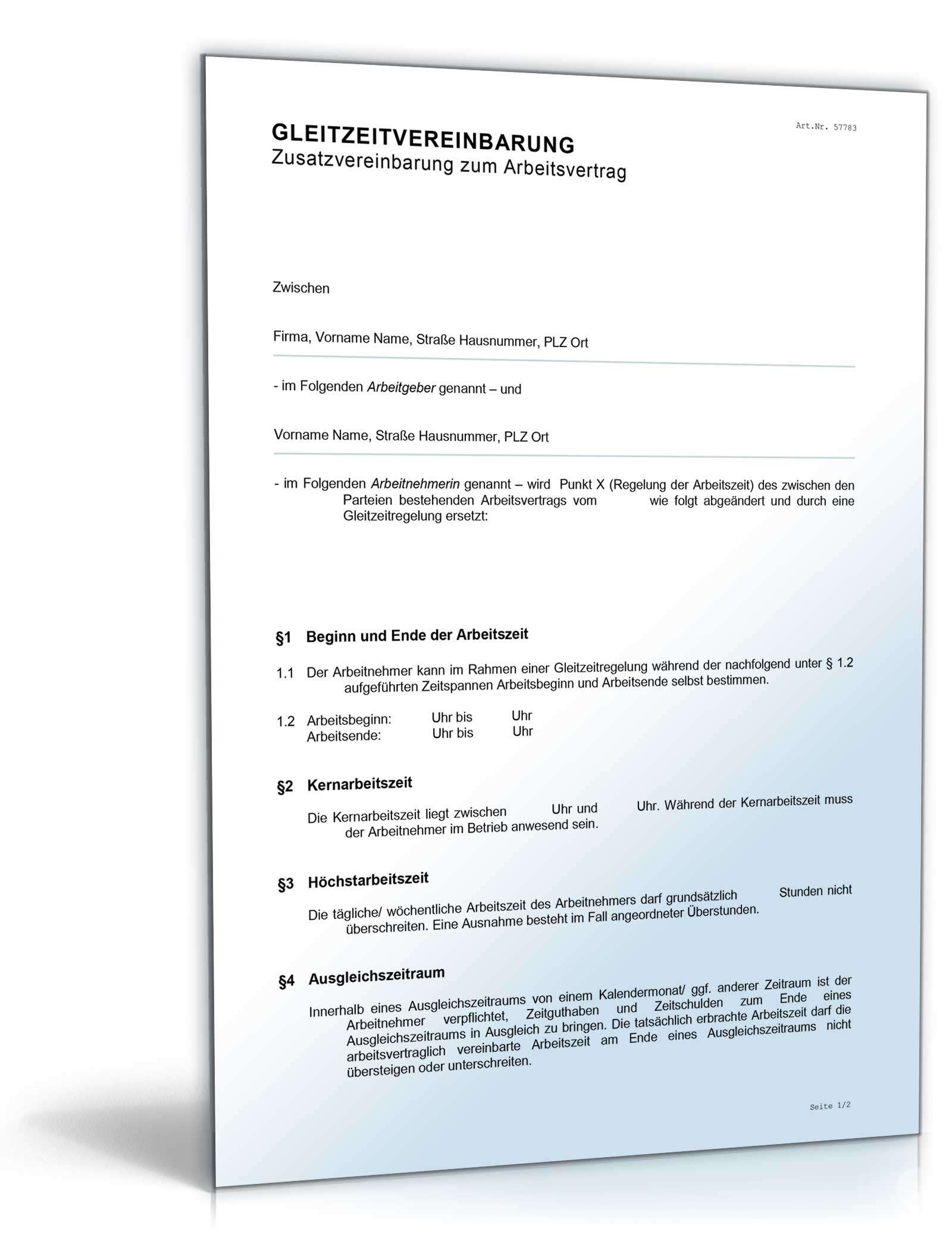 Hauptbild des Produkts: Zusatzvereinbarung Gleitzeit