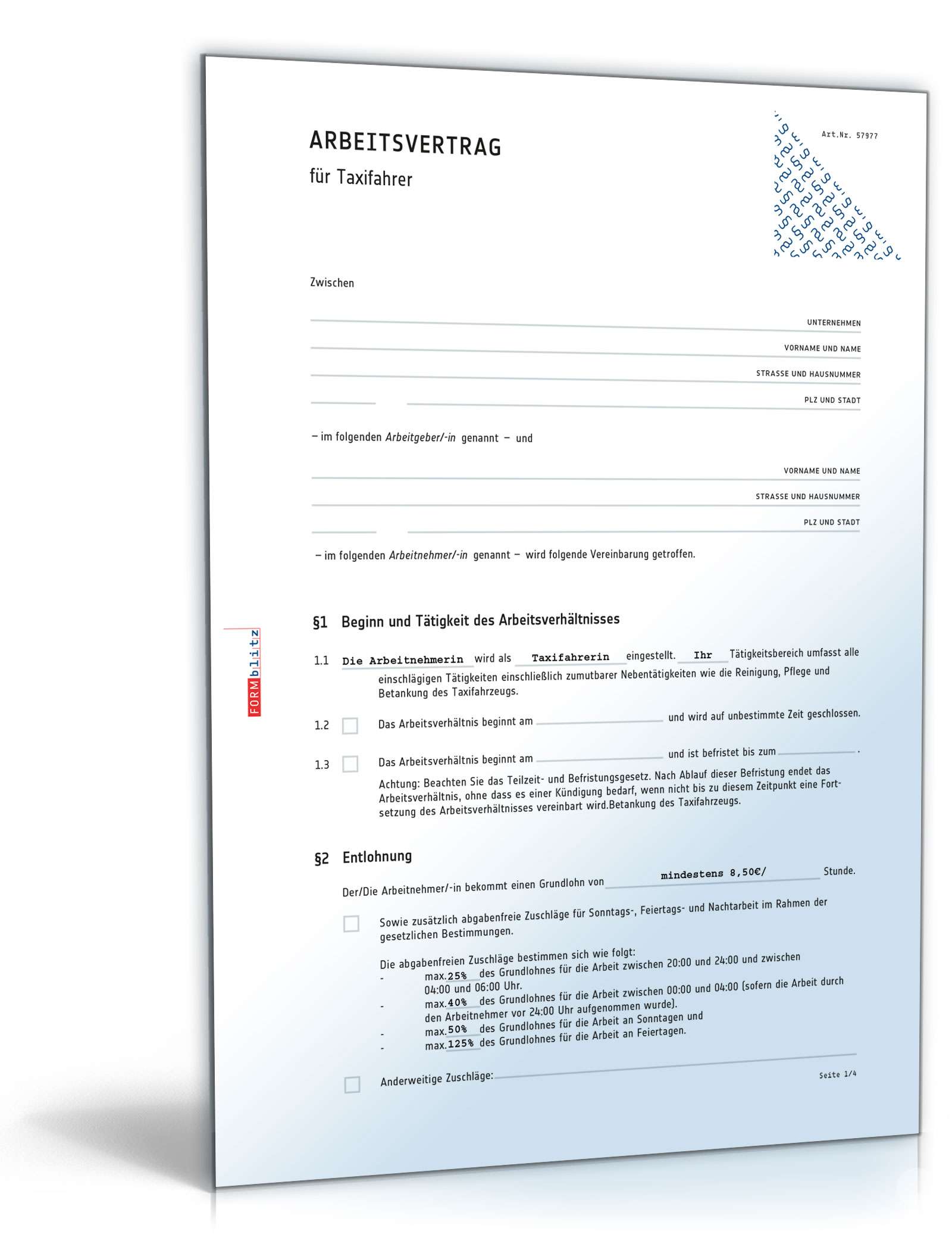 Arbeitsvertrag für Taxifahrer: Muster als PDF und Word