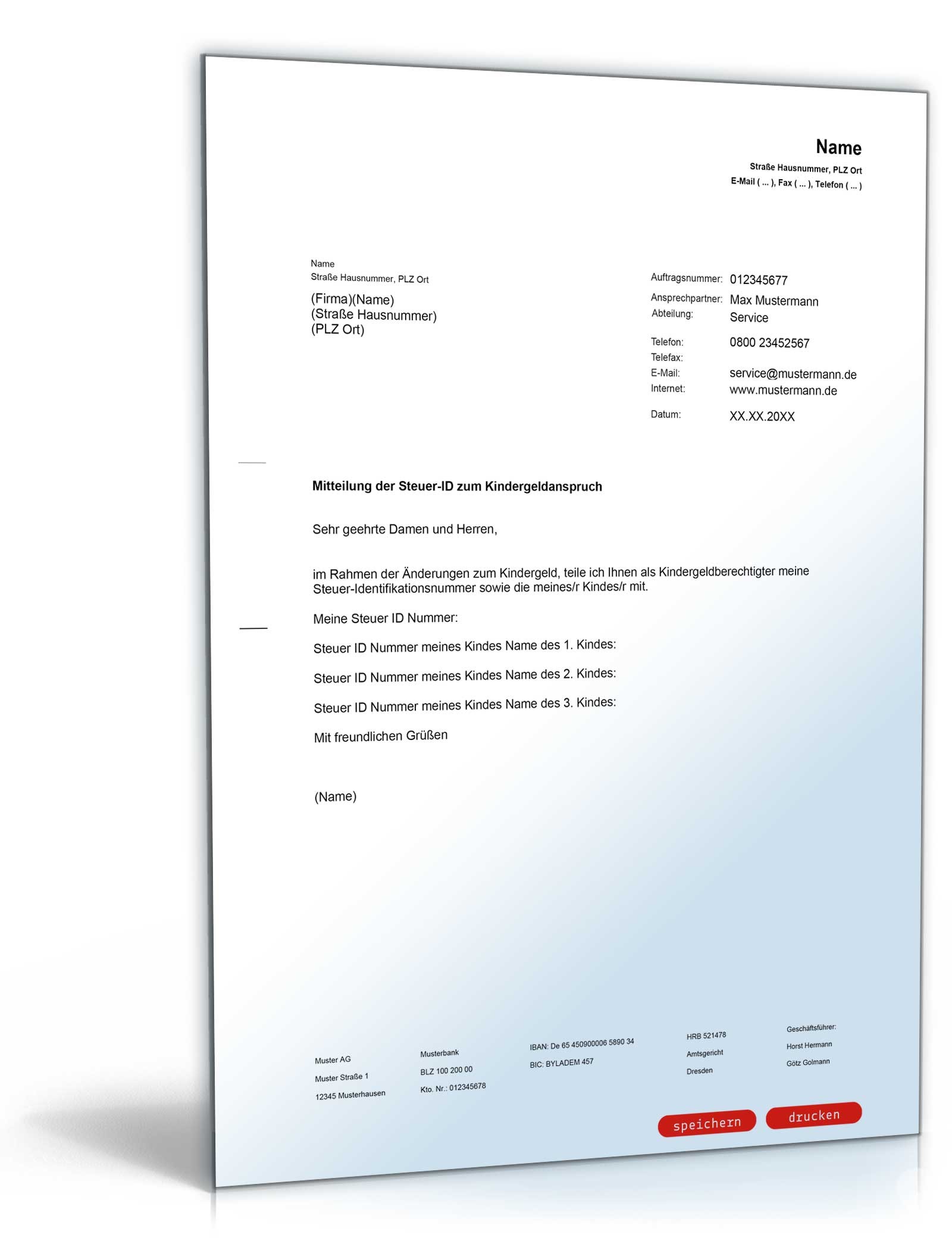 Hauptbild des Produkts: Mitteilung der Steuer-Identifikationsnummer Familienkasse