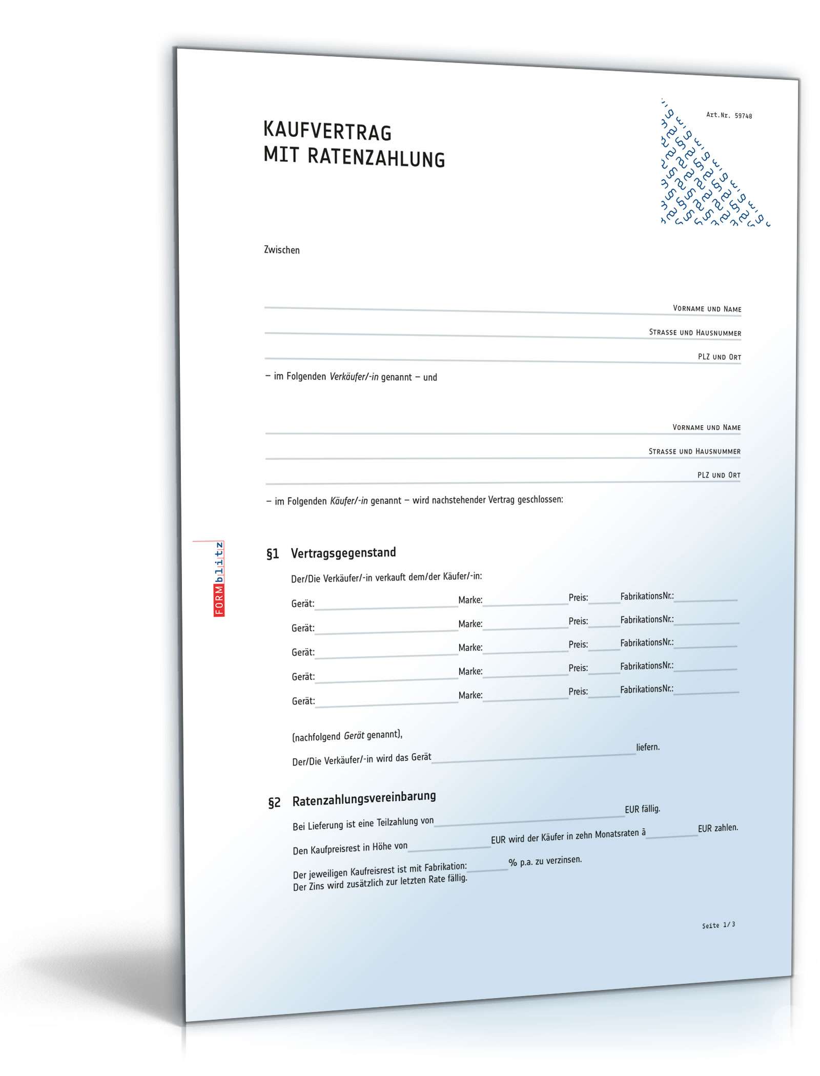 Hauptbild des Produkts: Kaufvertrag mit Ratenzahlung