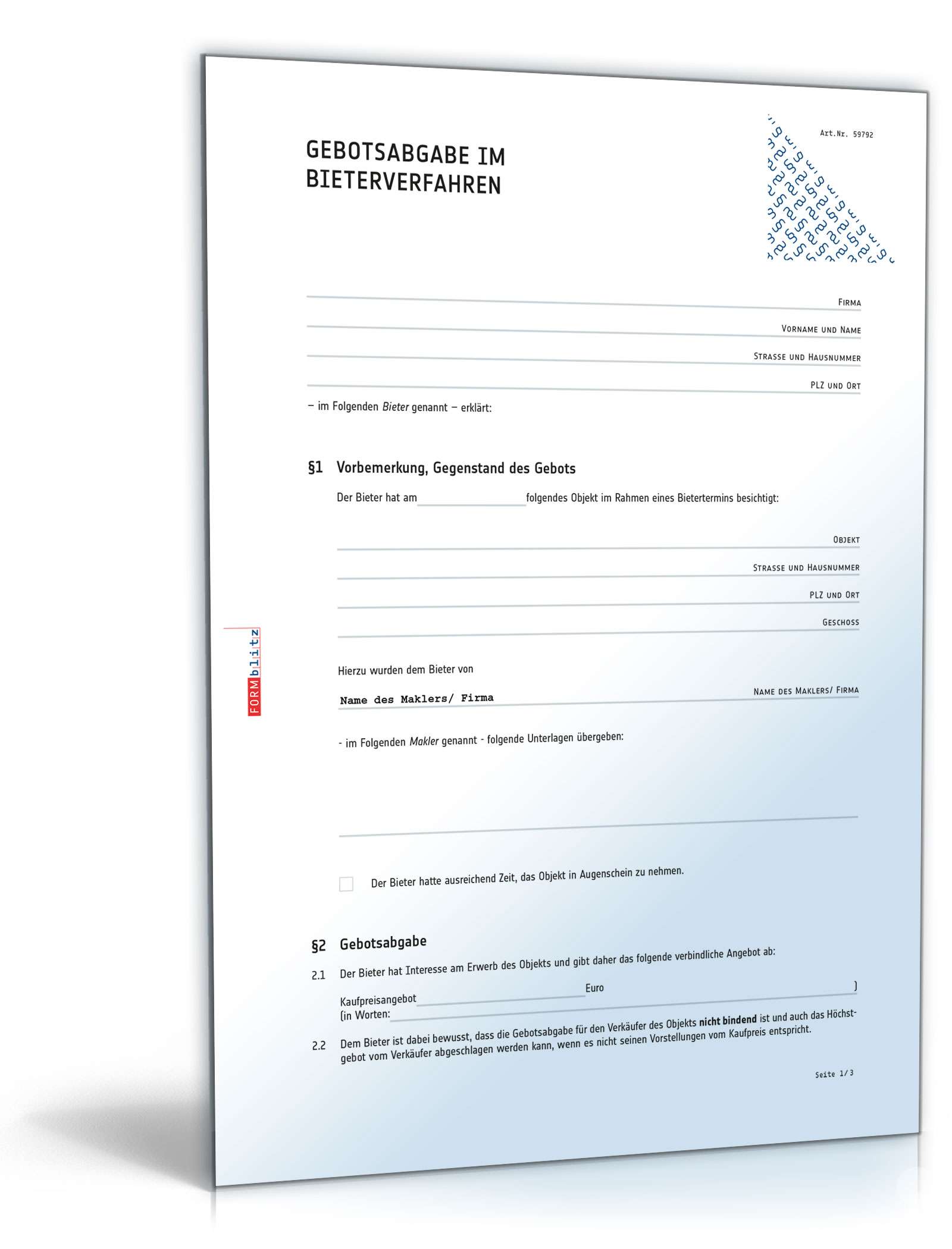 Bieterverfahren Gebotsabgabe Immobilie Muster Zum Download