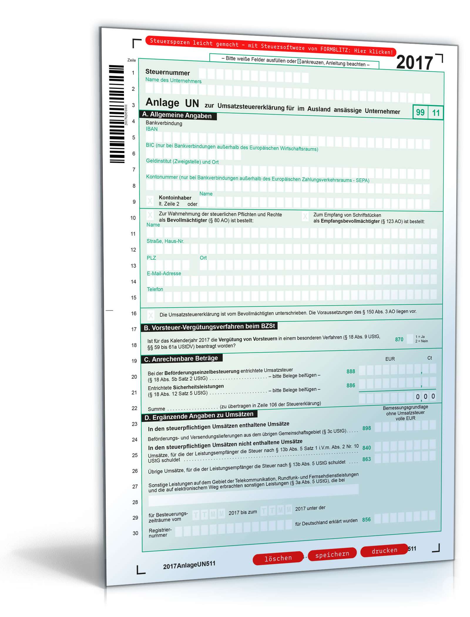 Hauptbild des Produkts: Anlage UN zur Umsatzsteuererklärung 2017