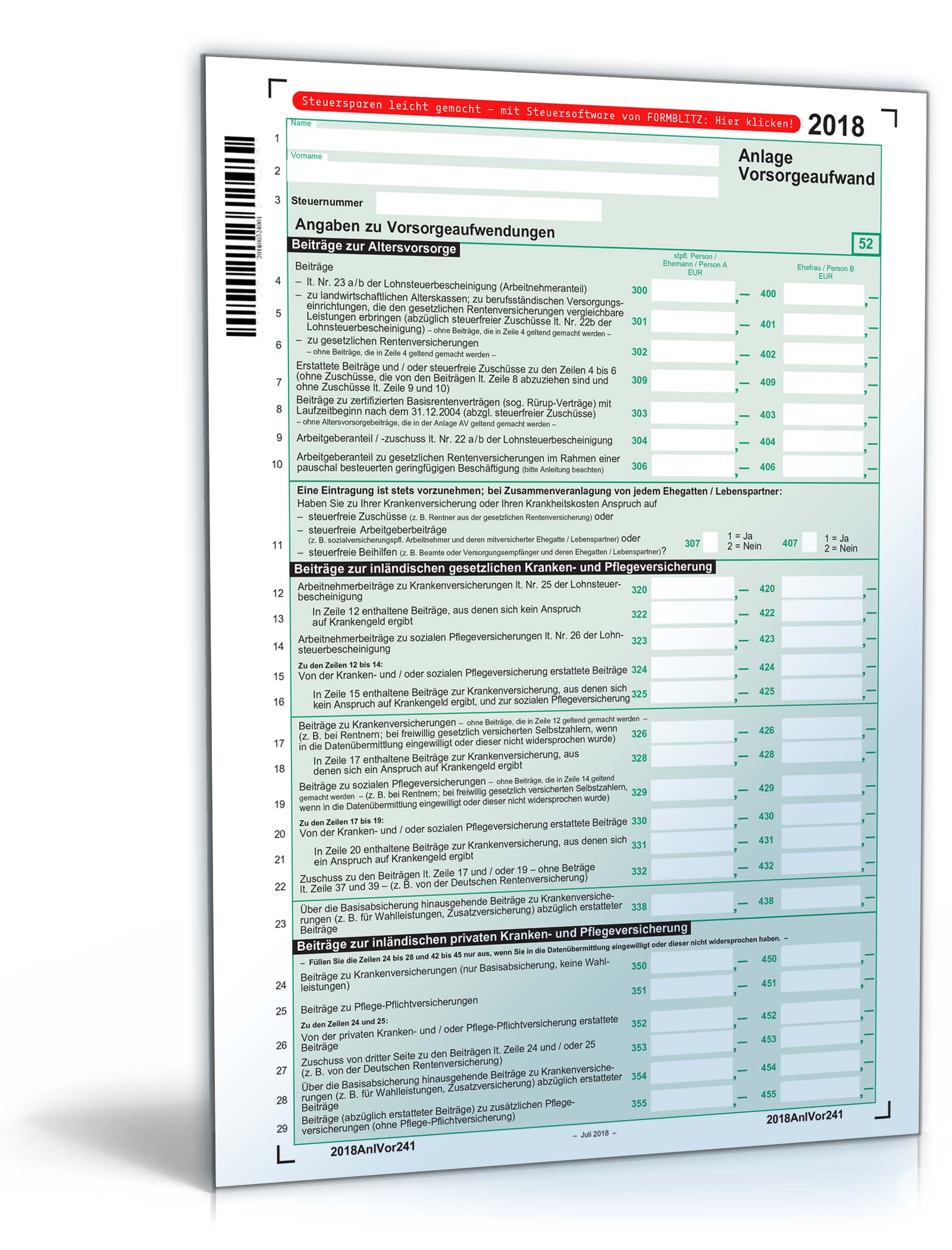Anlage Vorsorgeaufwand 2018 Steuerformular Zum Gratis Download