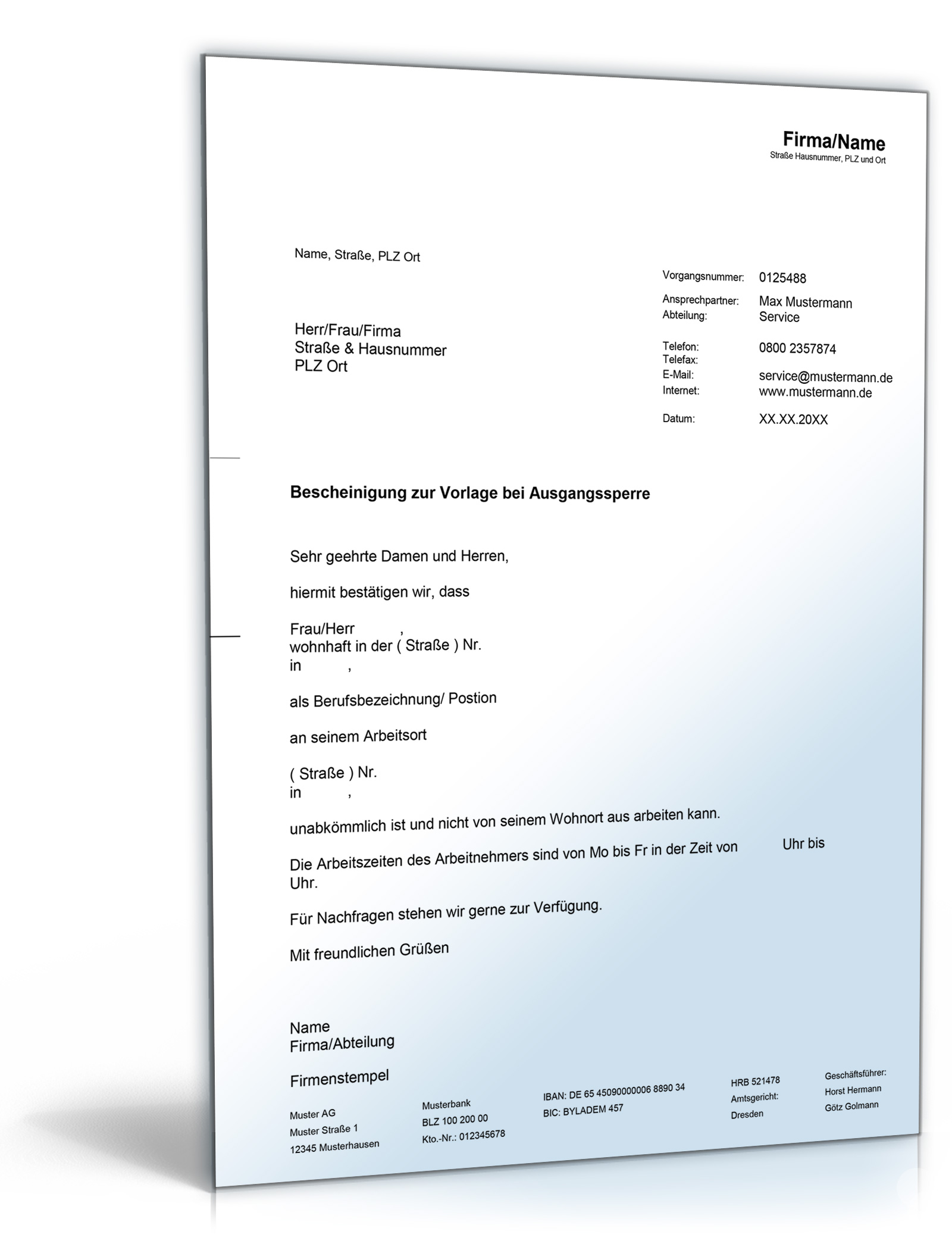 Arbeitgeberbescheinigung Bei Ausgangssperre De Musterbrief Download