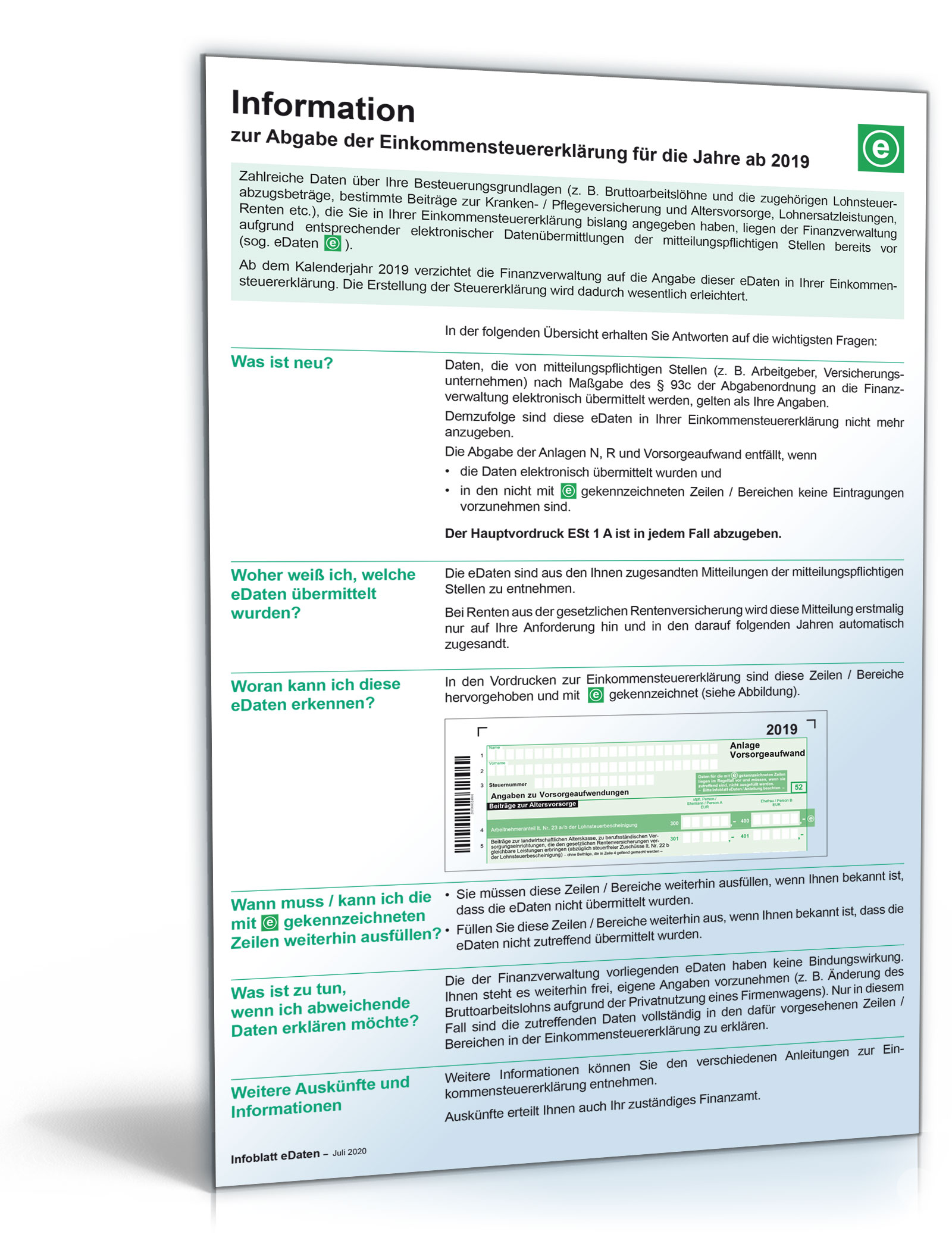 Hauptbild des Produkts: Infoblatt zur Einkommenssteuererklärung ab 2019