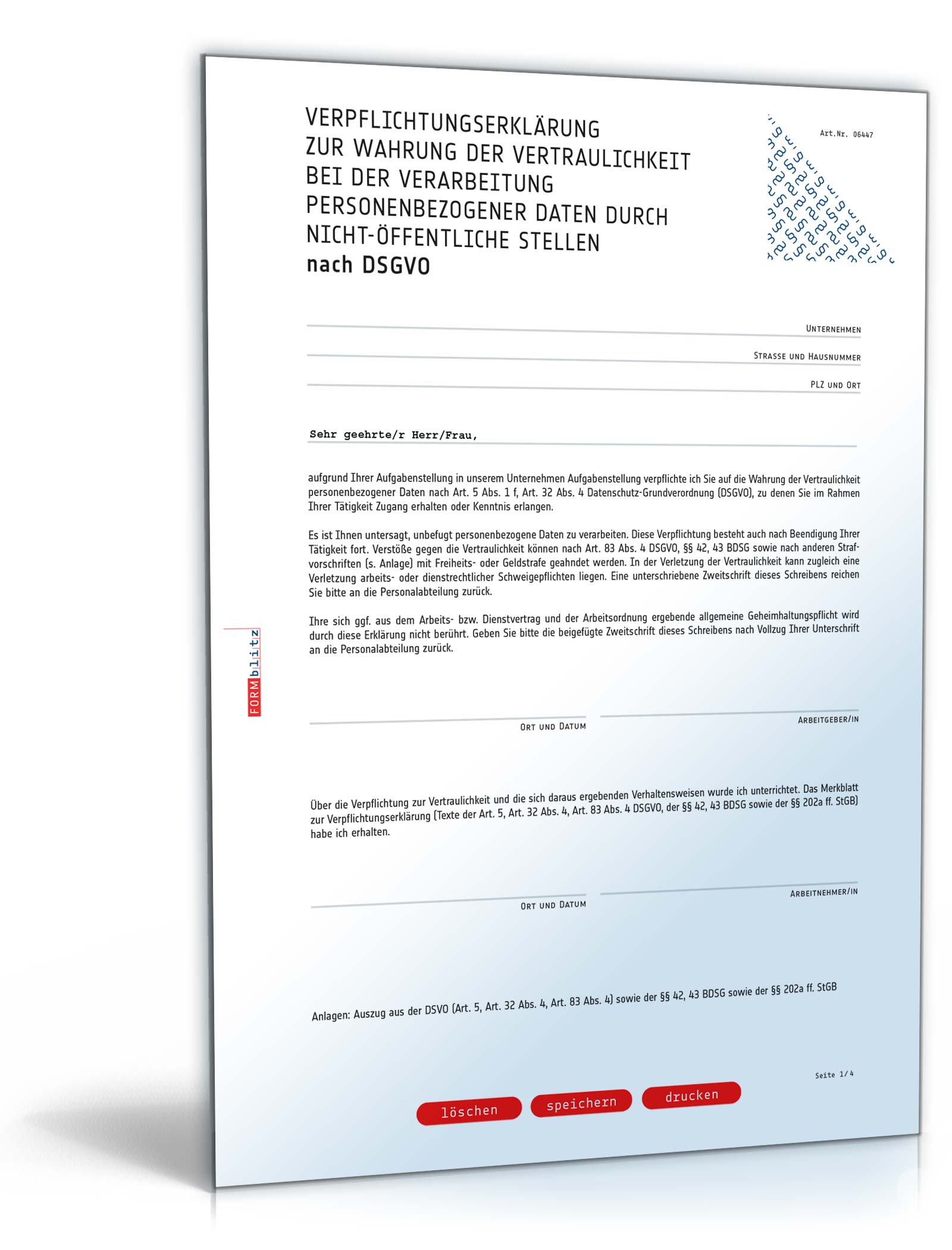 Hauptbild des Produkts: Verpflichtungserklärung gemäß DSGVO
