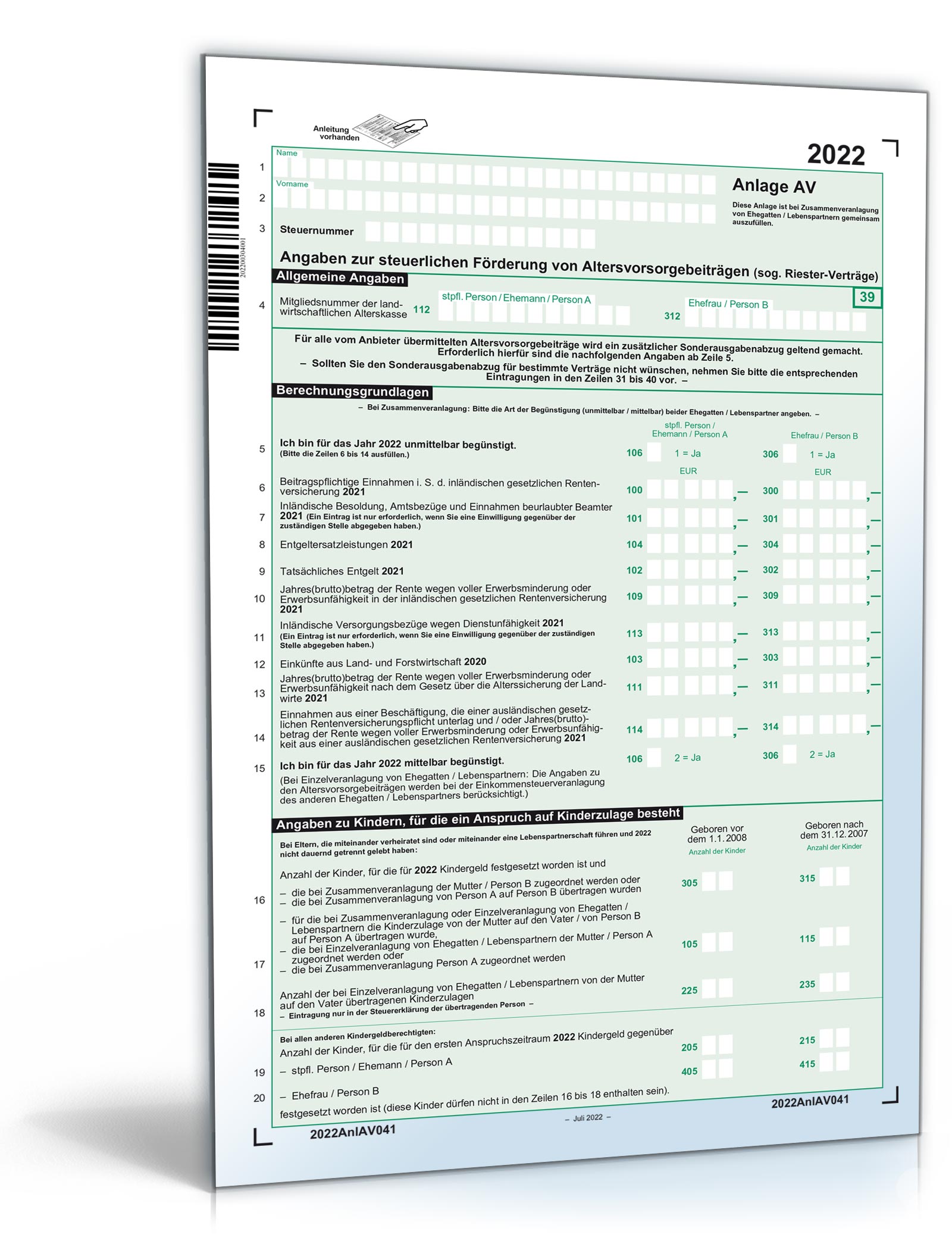 Anlage AV 2022| Steuerformular zum Download