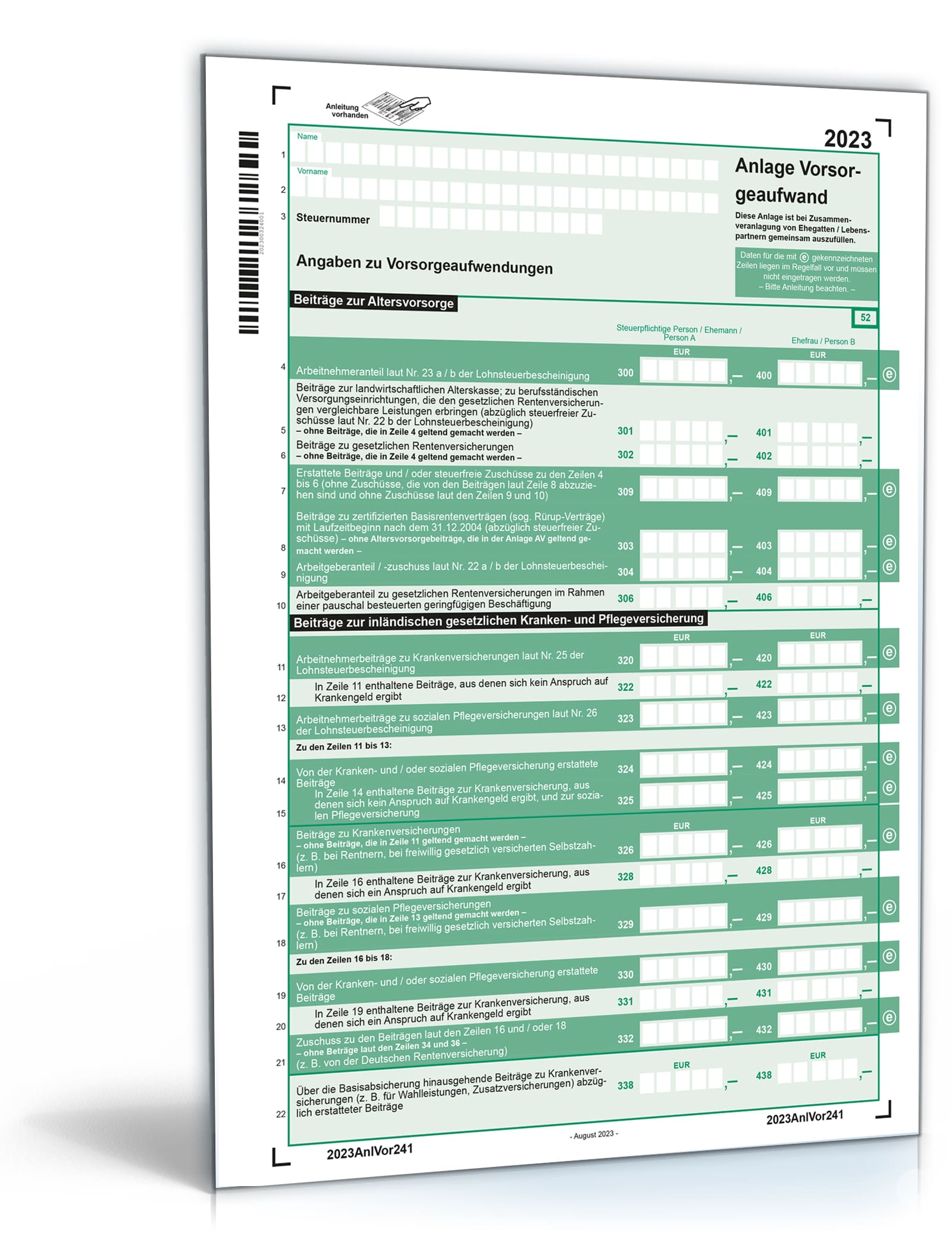 Anlage 2023 Steuerformular zum Download