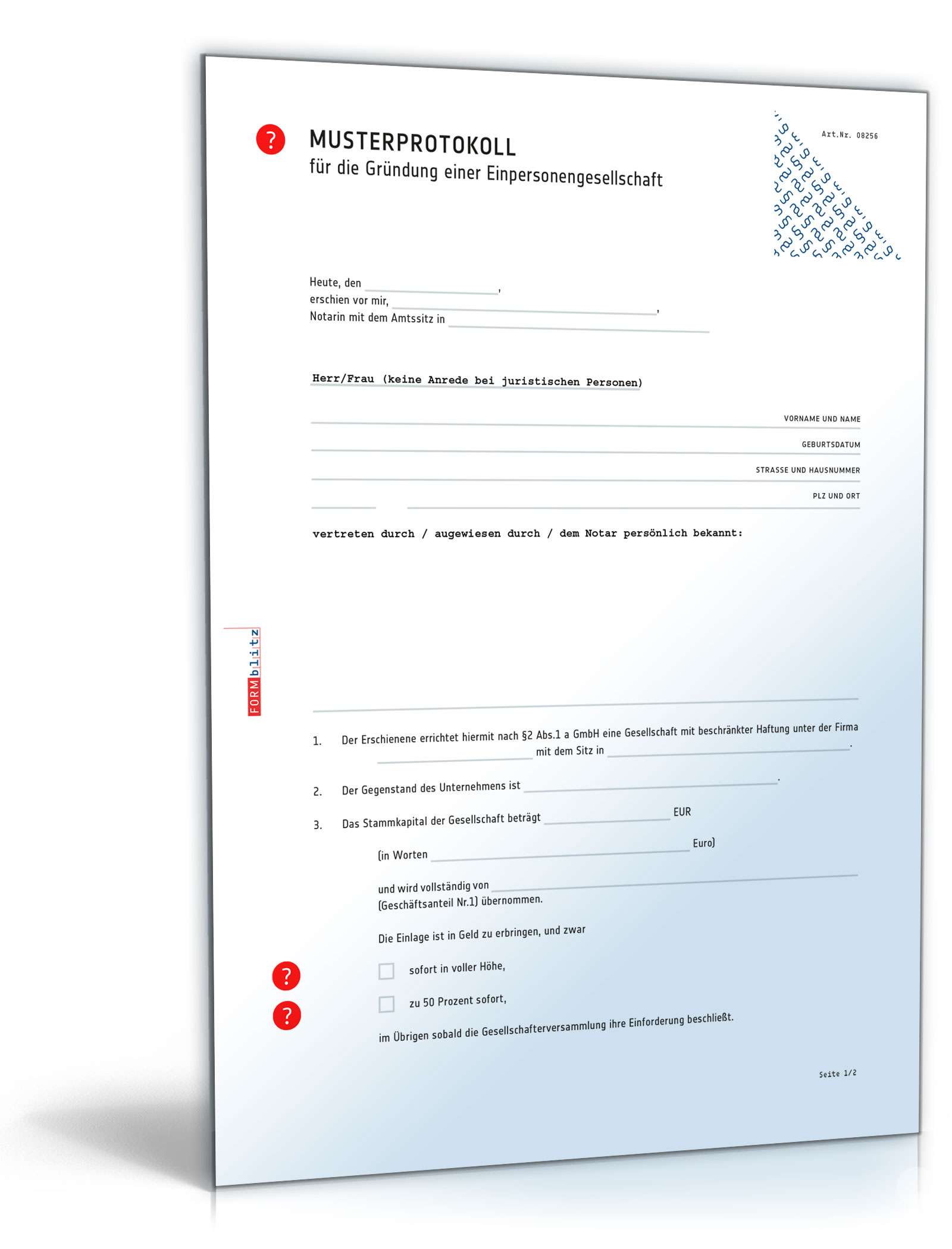 Hauptbild des Produkts: Musterprotokoll Einpersonengesellschaft