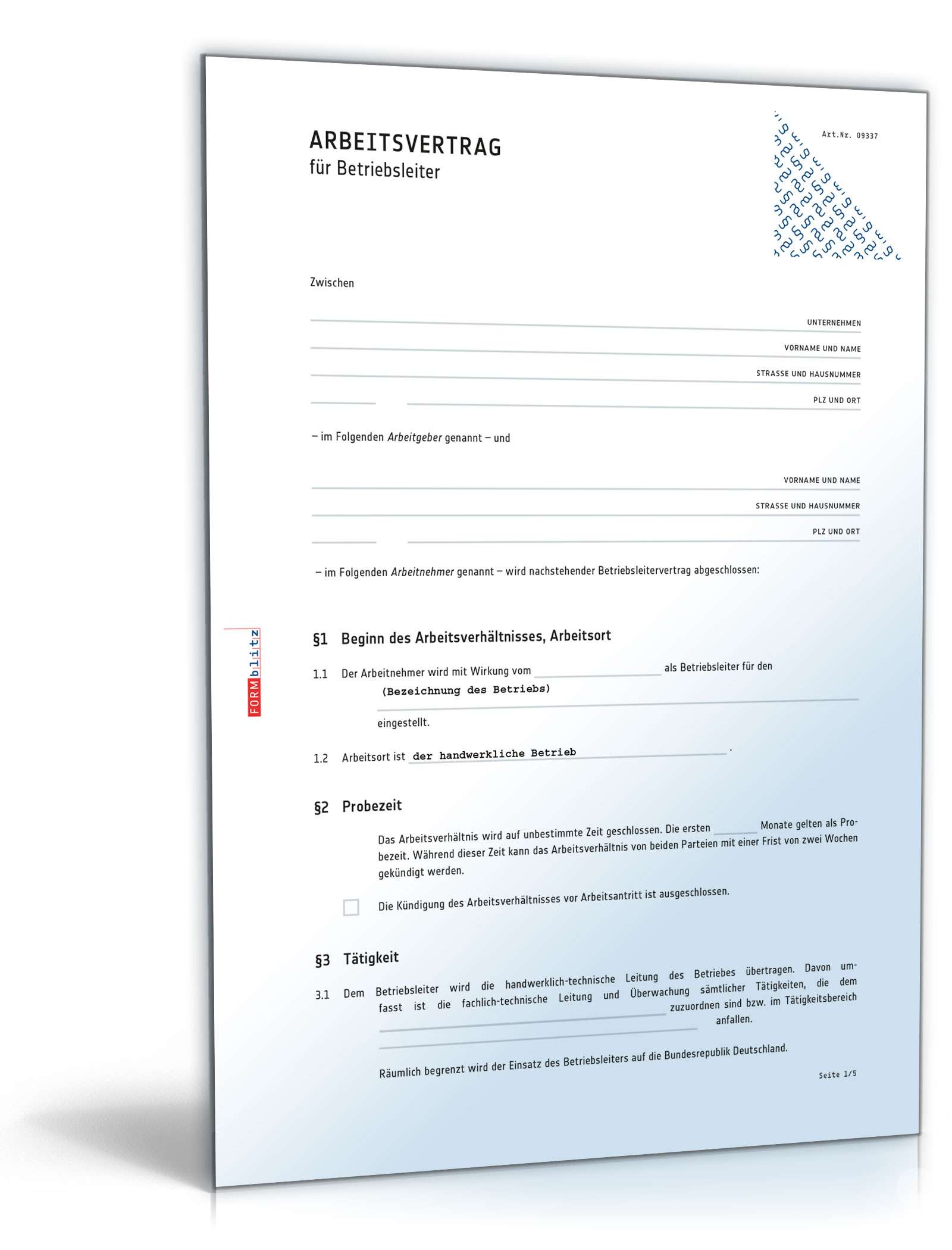 Hauptbild des Produkts: Arbeitsvertrag für Betriebsleiter