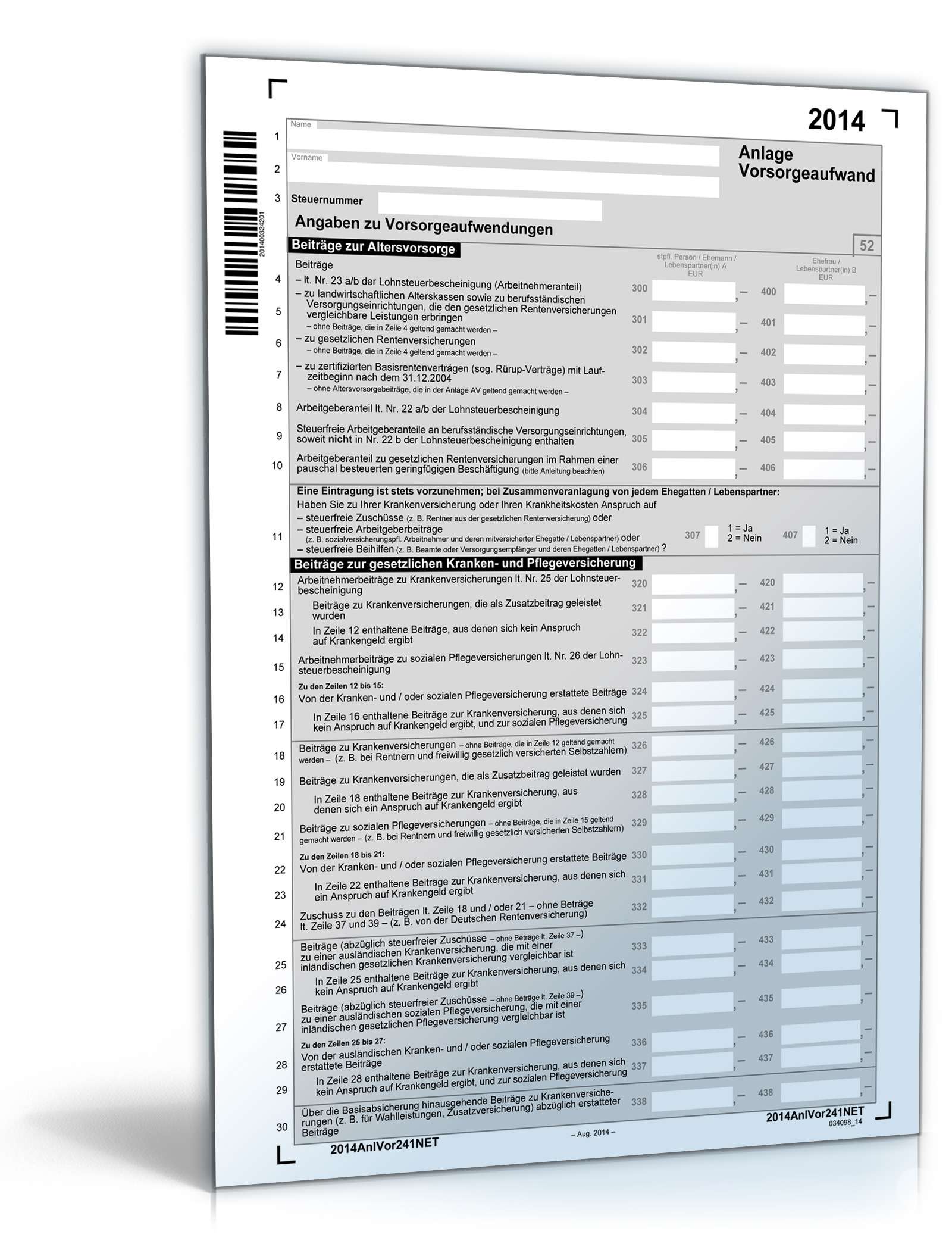 Hauptbild des Produkts: Anlage Vorsorgeaufwand 2014