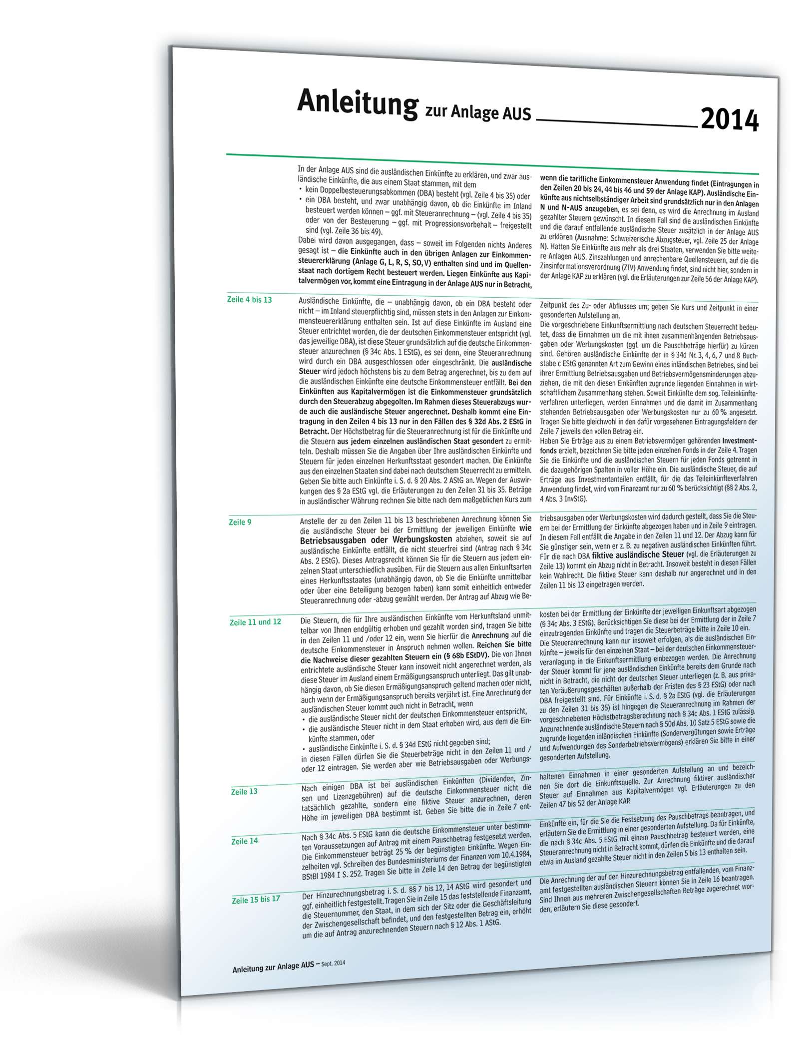 Hauptbild des Produkts: Anleitung zur Anlage AUS 2014