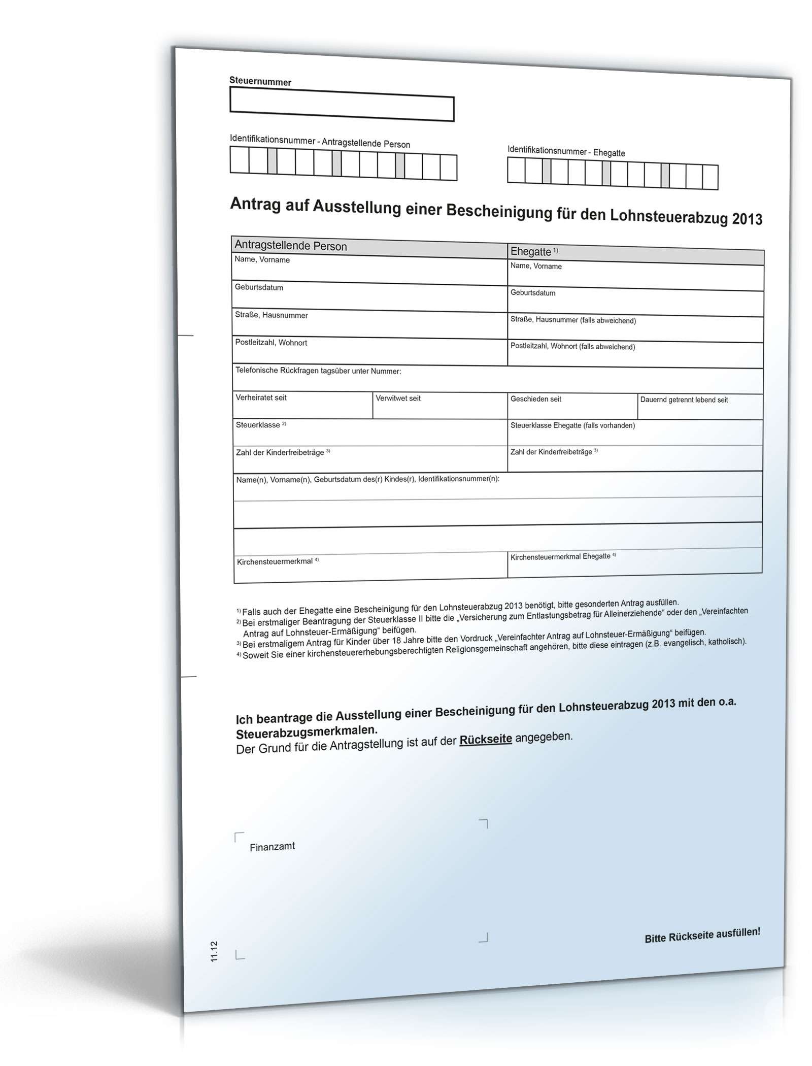 Hauptbild des Produkts: Antrag auf Bescheinigung für Lohnsteuerabzug 2013