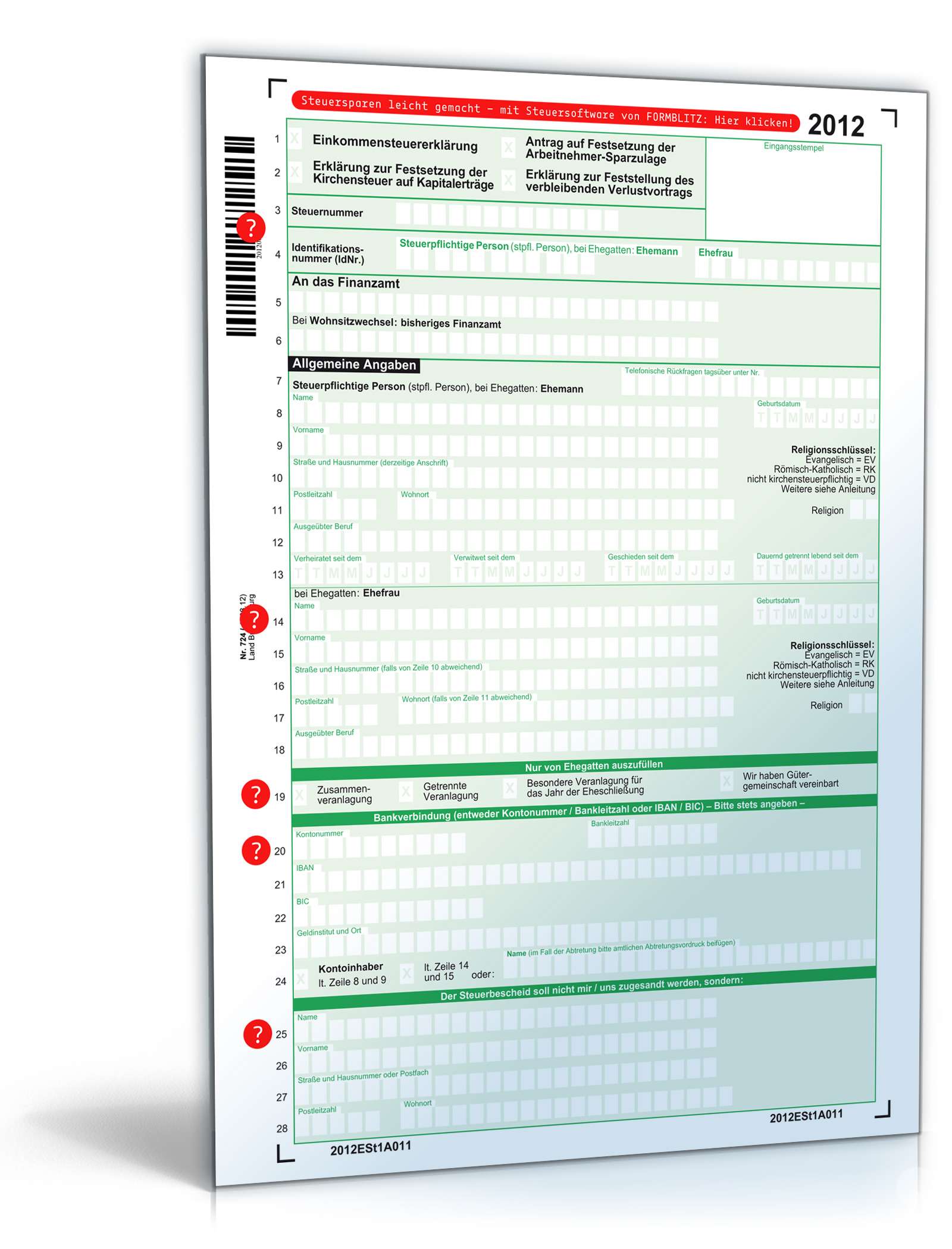 Hauptbild des Produkts: Einkommensteuererklärung 2012 - Mantelbogen