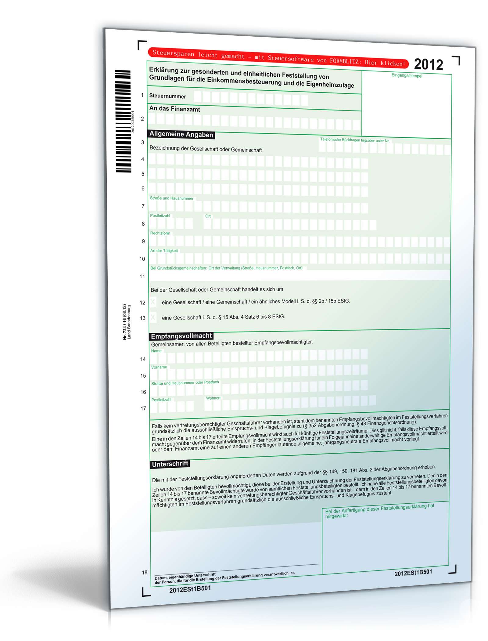 Hauptbild des Produkts: Erklärung für die Einkommensbesteuerung und die Eigenheimzulage 2012