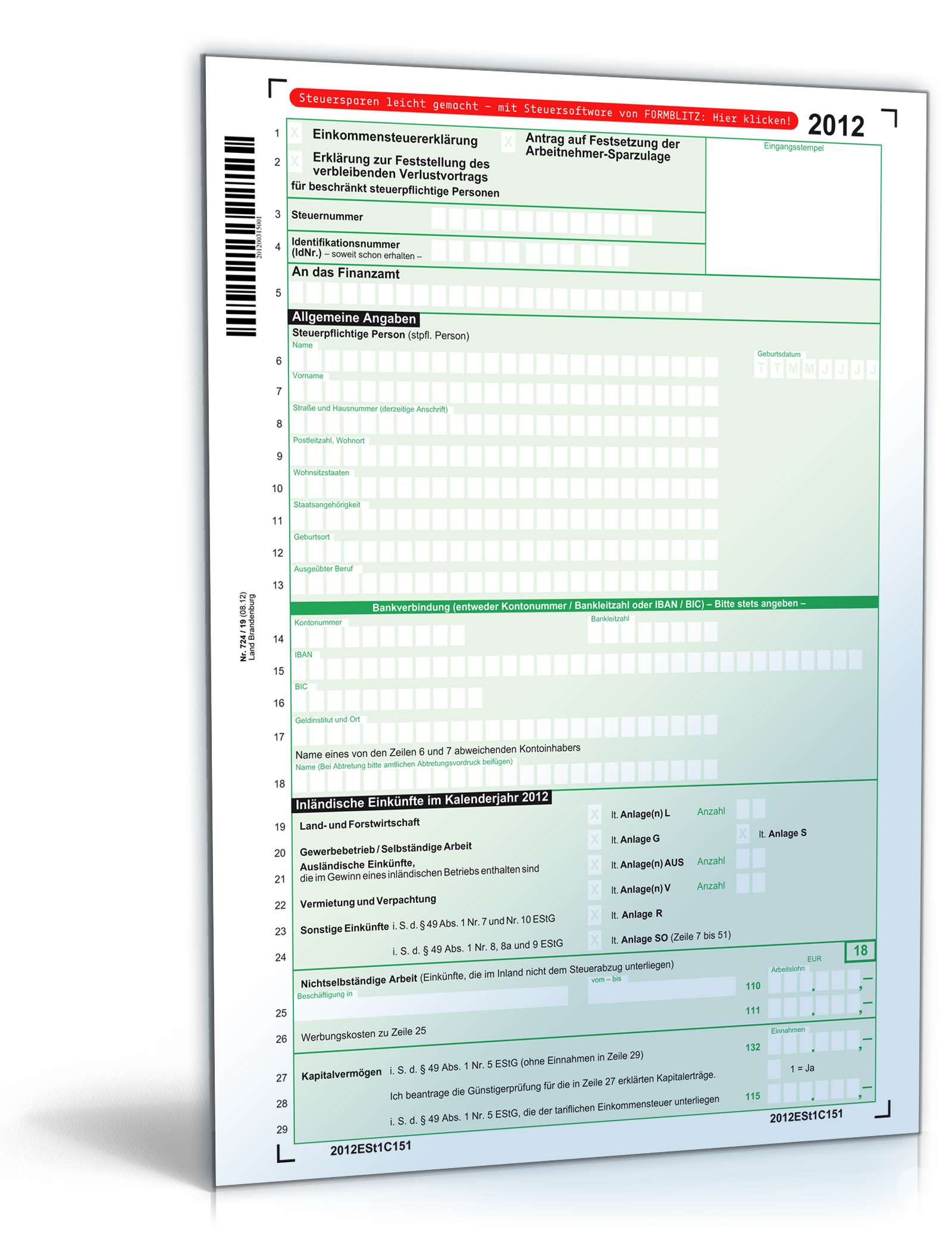 Hauptbild des Produkts: Einkommensteuererklärung 2012 - Mantelbogen beschränkte Steuerpflicht
