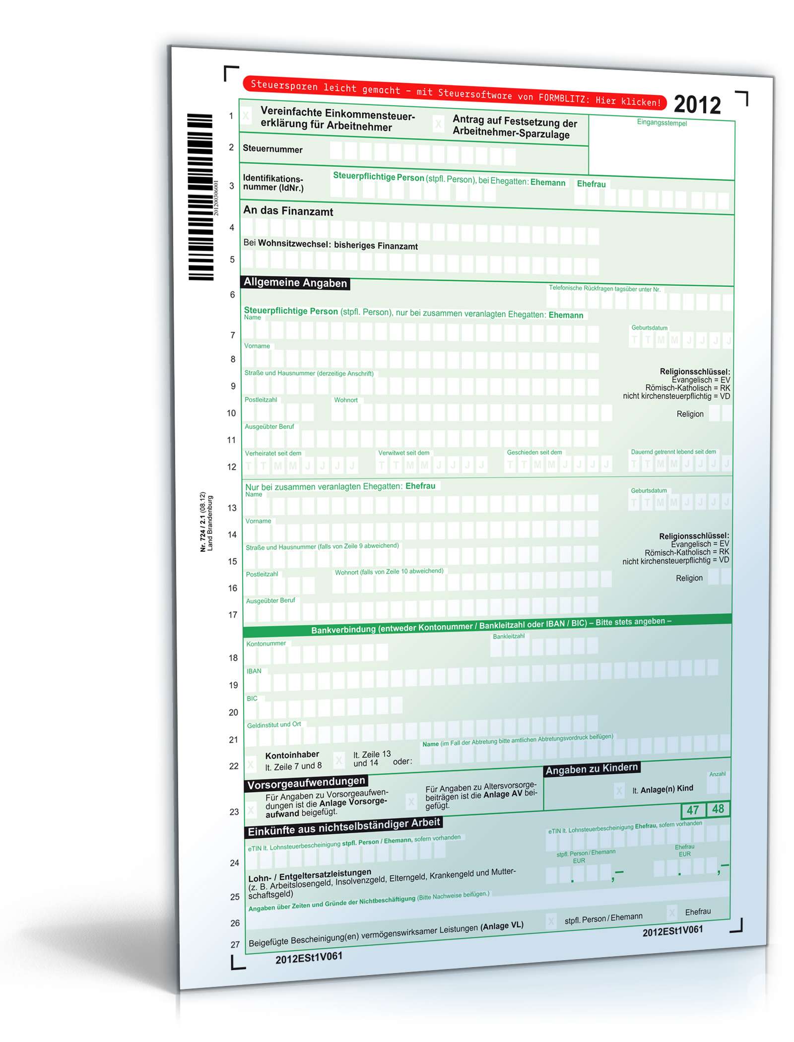 Hauptbild des Produkts: Vereinfachte Einkommensteuererklärung - Mantelbogen 2012