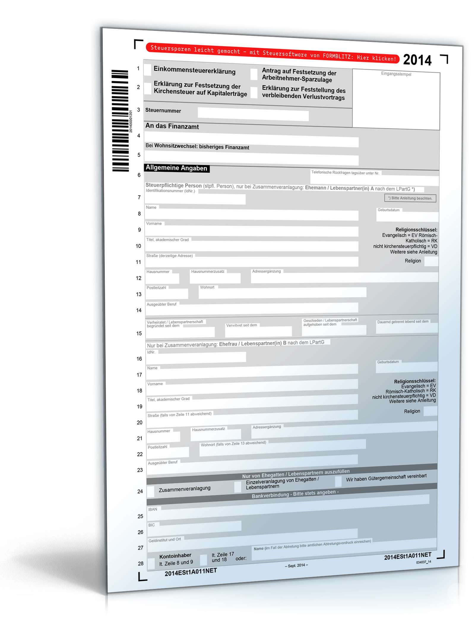 Hauptbild des Produkts: Einkommensteuererklärung 2014 - Mantelbogen 