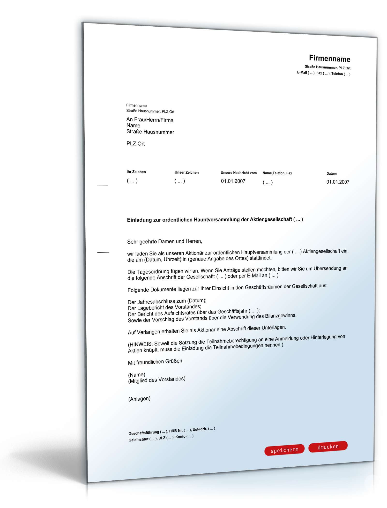 Hauptbild des Produkts: Einladung Hauptversammlung AG