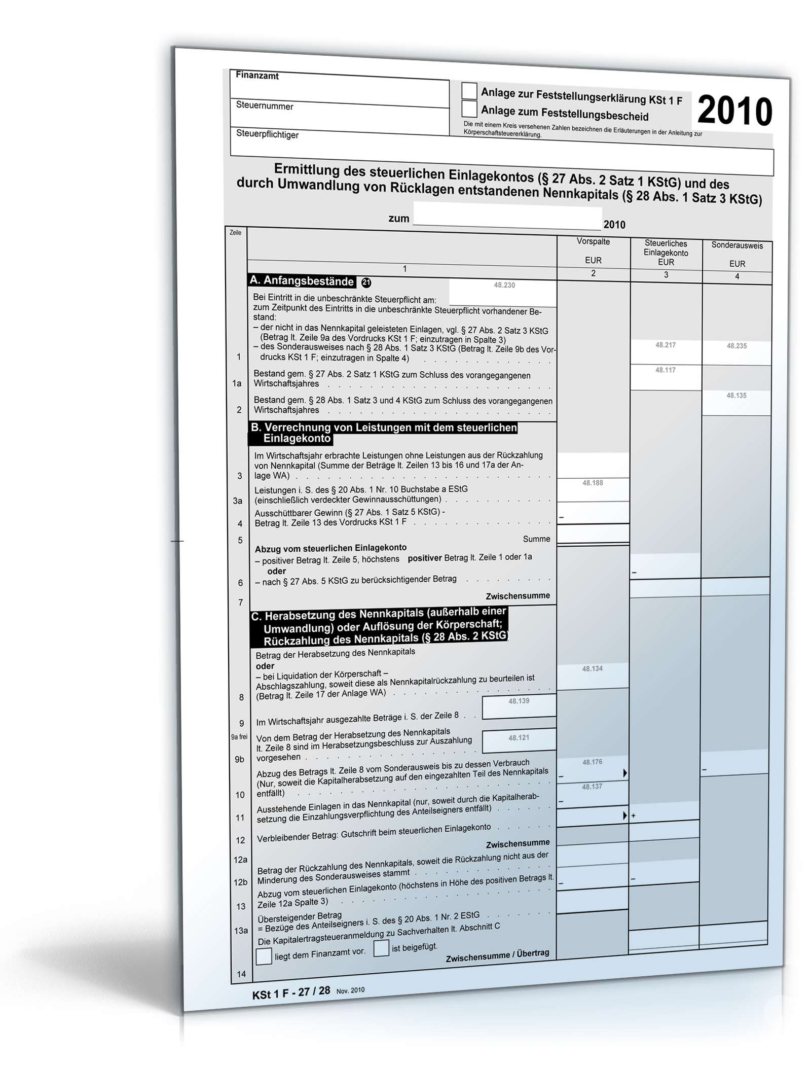 Hauptbild des Produkts: Anlage Ermittlung des steuerlichen Einlagekontos 2010
