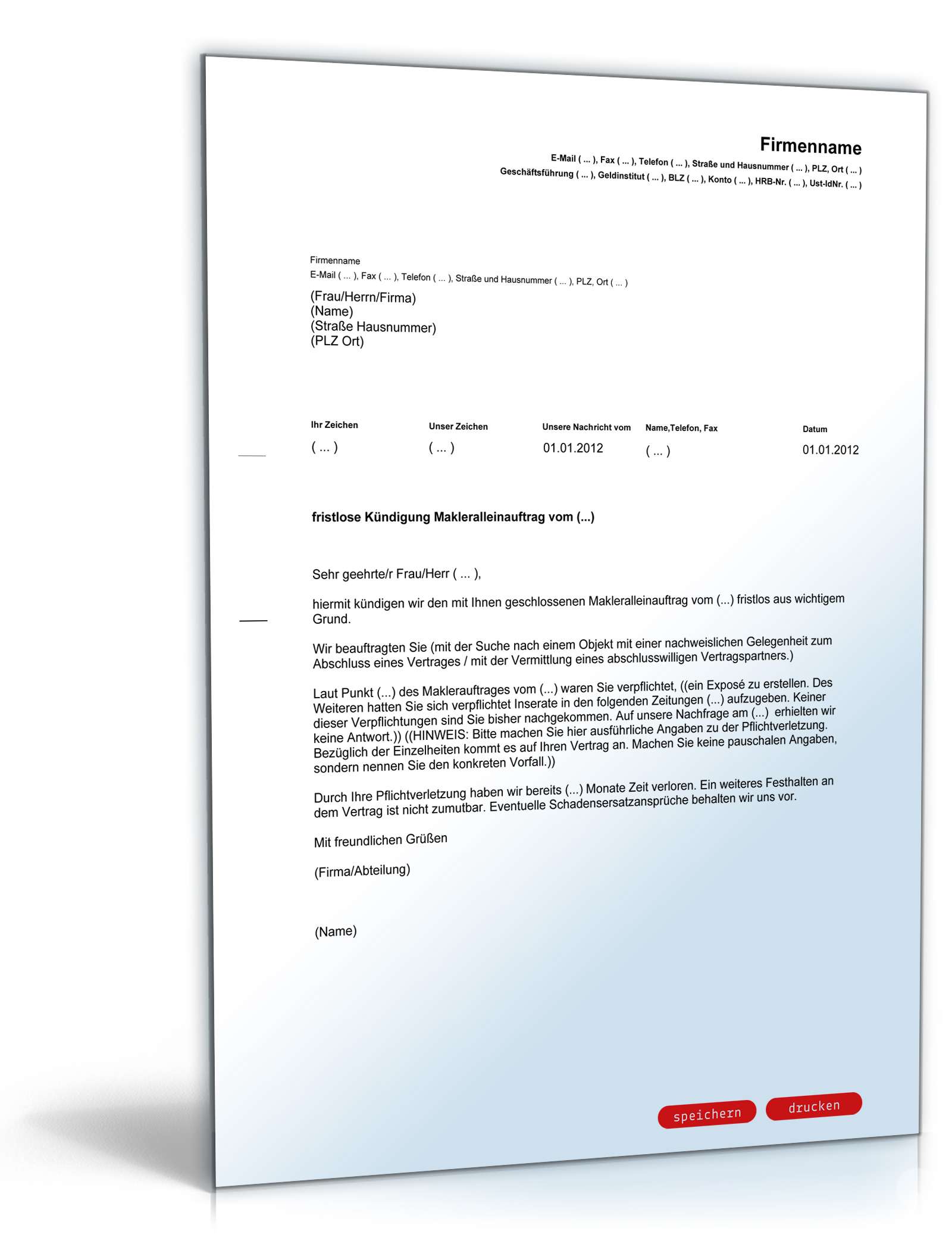 Fristlose Kundigung Makleralleinauftrag Muster Zum Download