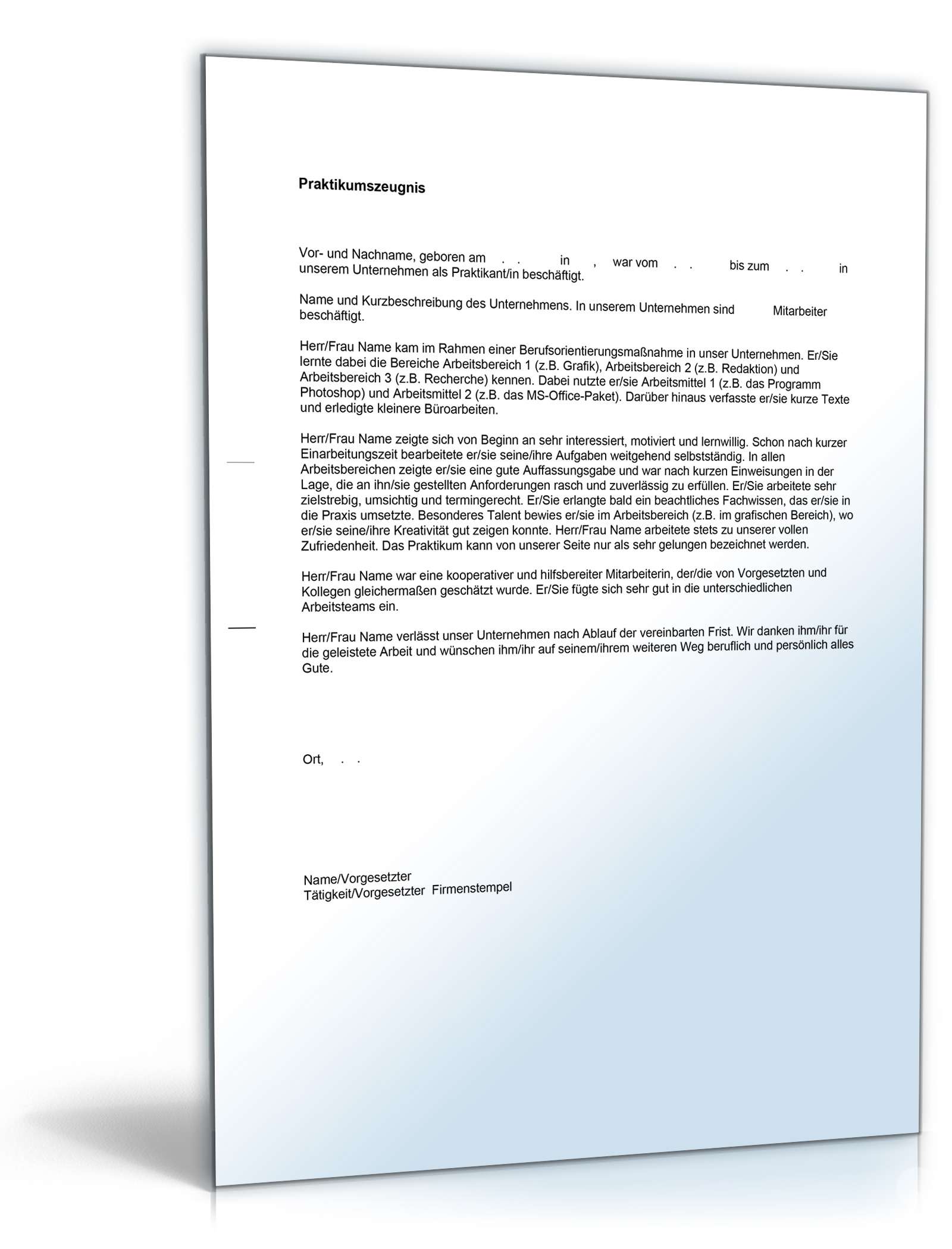 Praktikumszeugnis Allgemein Note Zwei | Vorlage zum Download