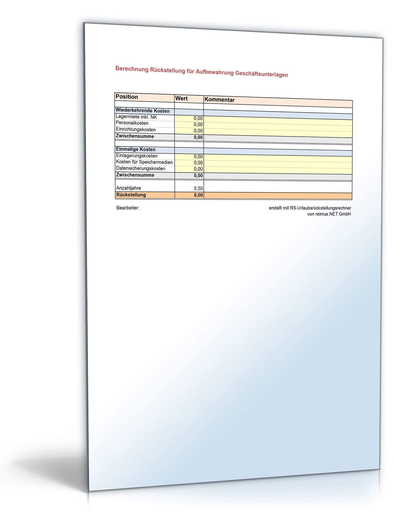 Rückstellungsrechner XL - Excel-Vorlage zum Download
