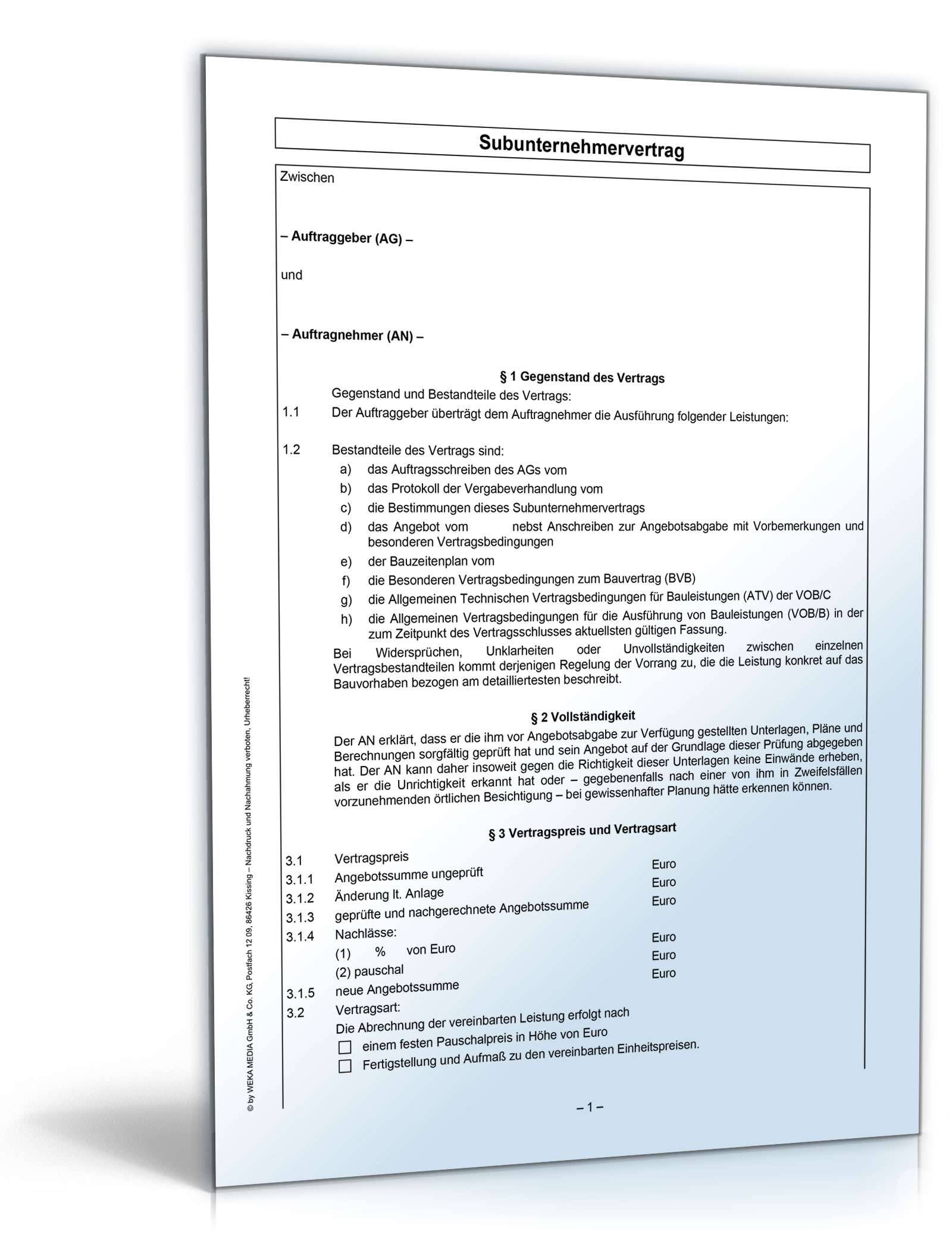 Subunternehmervertrag Weka Fachverlag Vorlage Zum Download