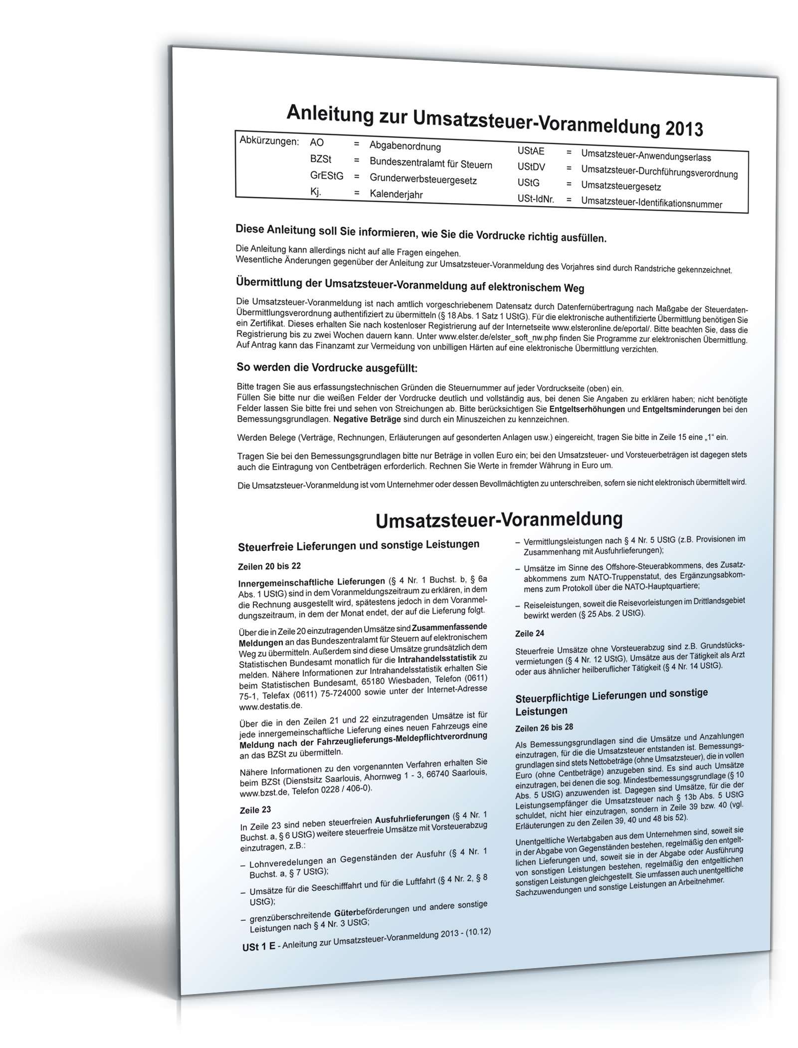 Hauptbild des Produkts: Anleitung zur Umsatzsteuervoranmeldung 2013