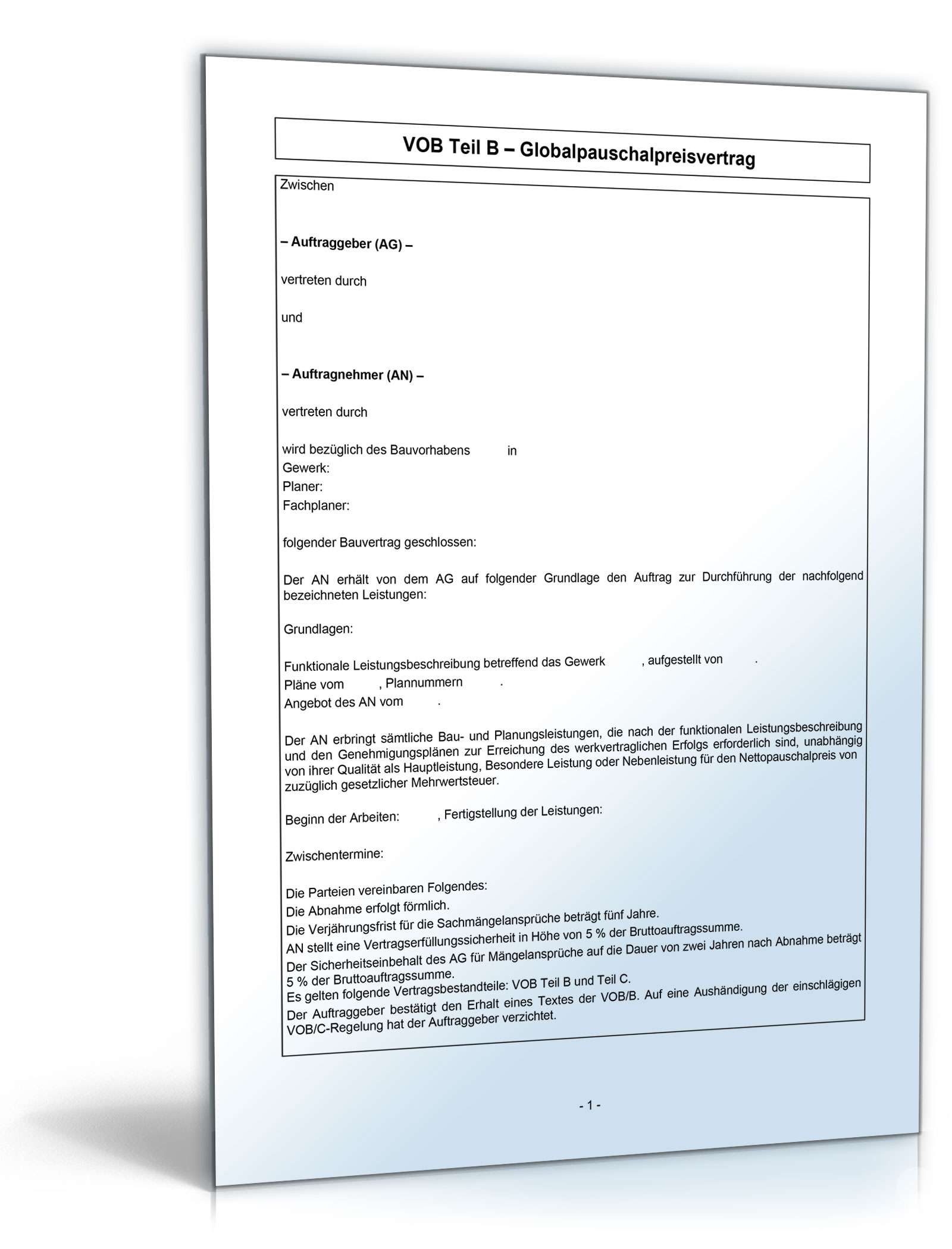 Vob B Bauvertrag Globalpauschalpreisvertrag Vorlage Zum Download