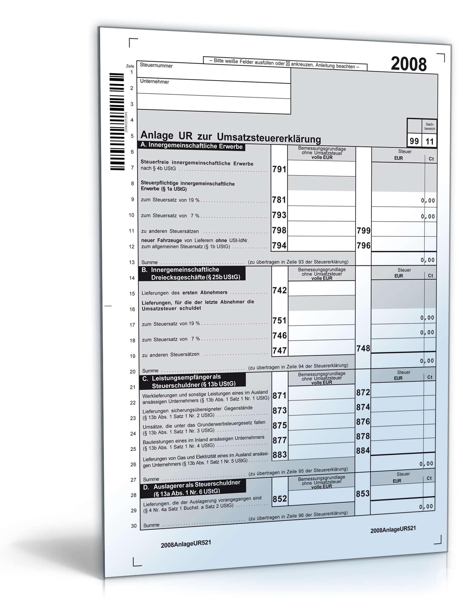 Hauptbild des Produkts: Anlage UR zur Umsatzsteuererklärung 2008
