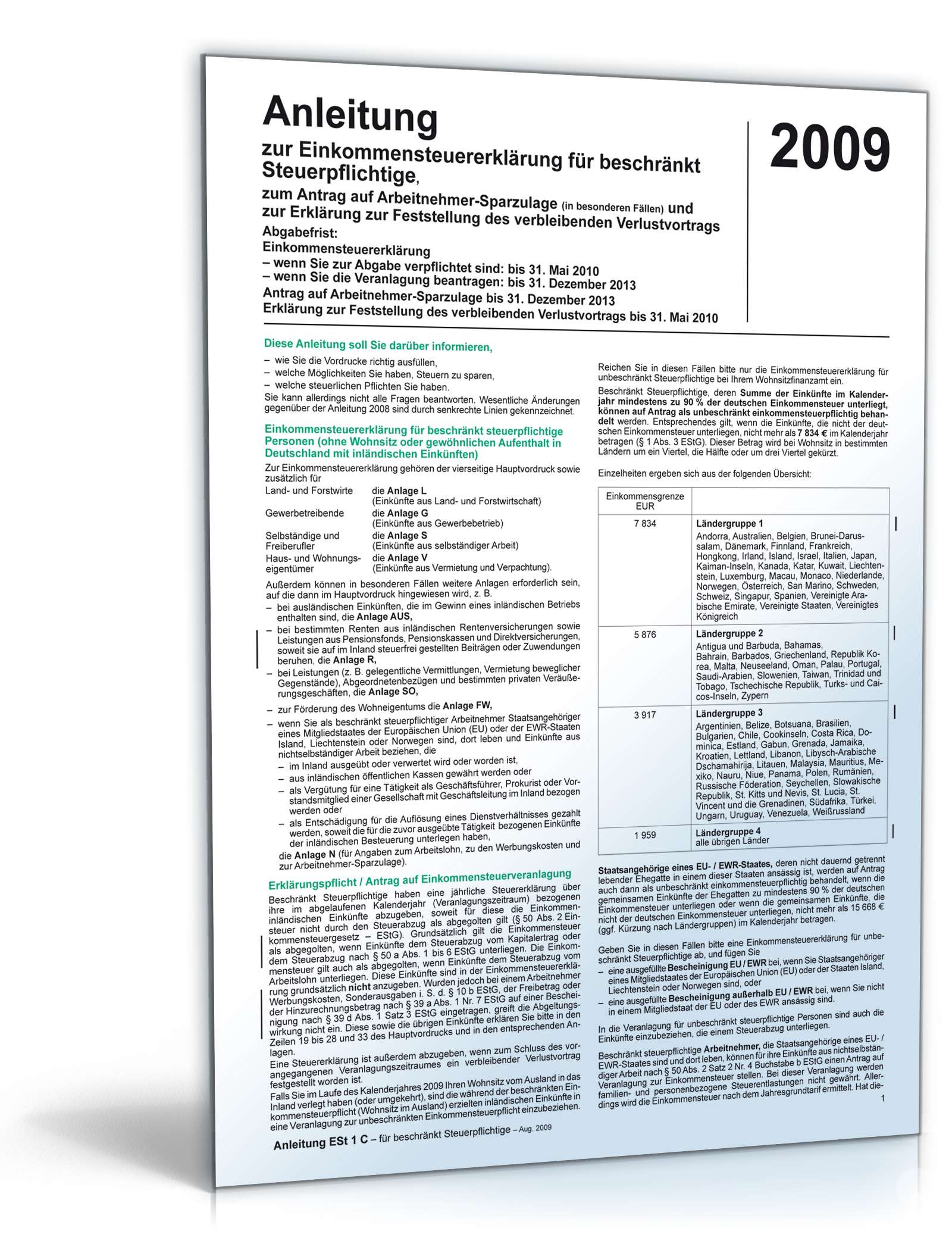 Hauptbild des Produkts: Anleitung Einkommensteuererklärung beschränkt Steuerpflichtige 2009