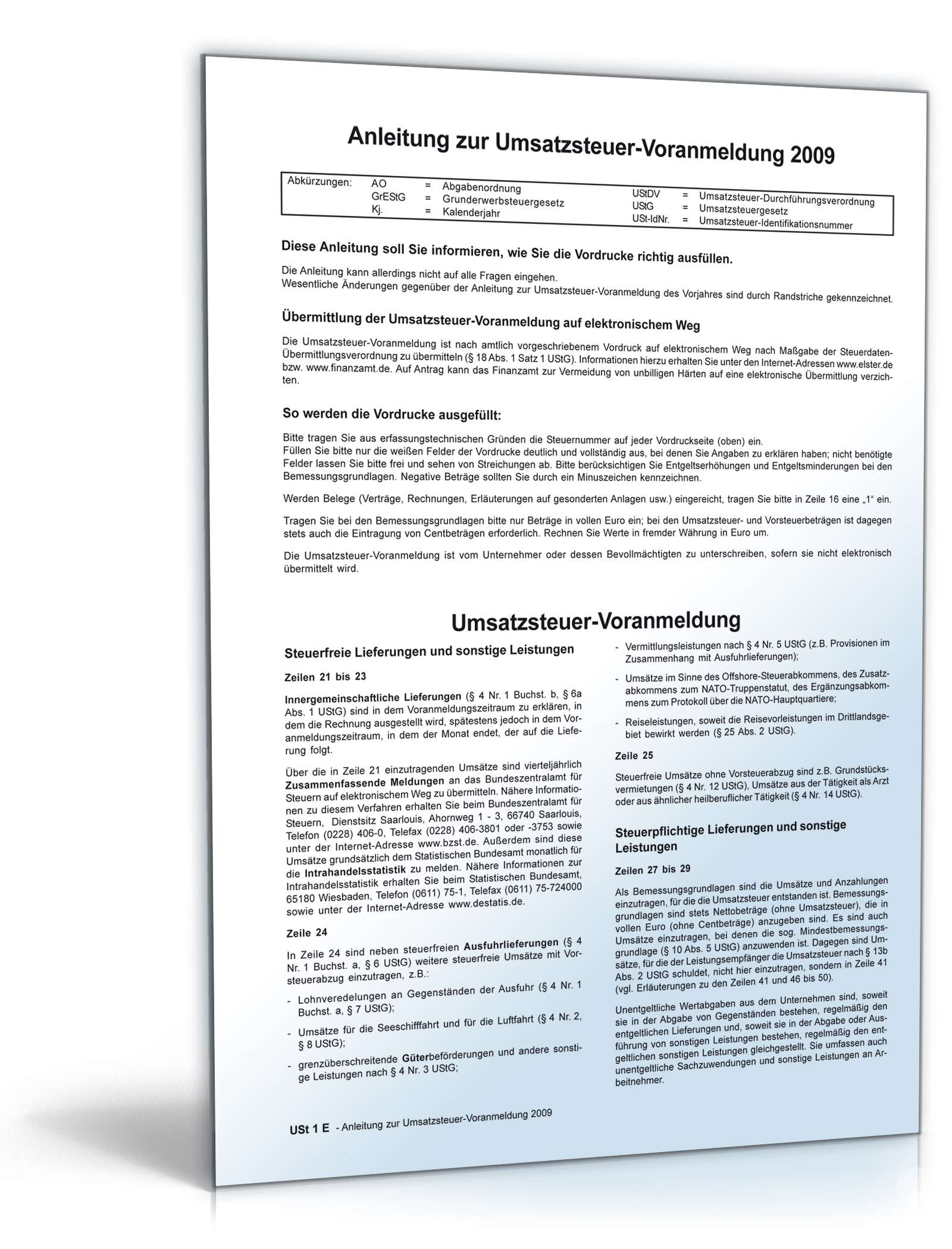 Hauptbild des Produkts: Anleitung zur Umsatzsteuervoranmeldung 2009