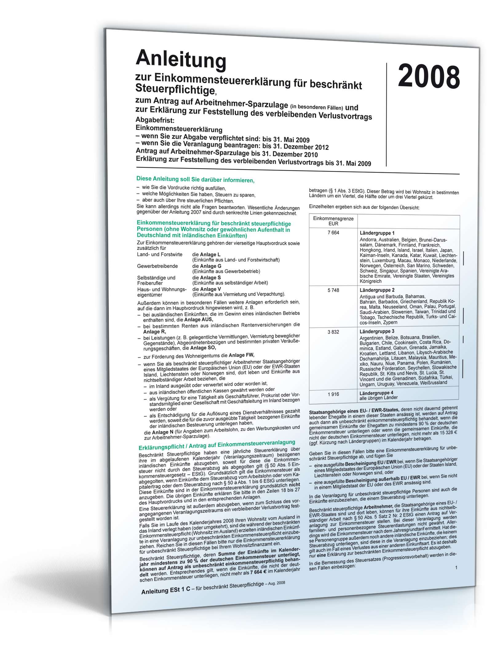Hauptbild des Produkts: Anleitung Einkommensteuererklärung beschränkt 2008