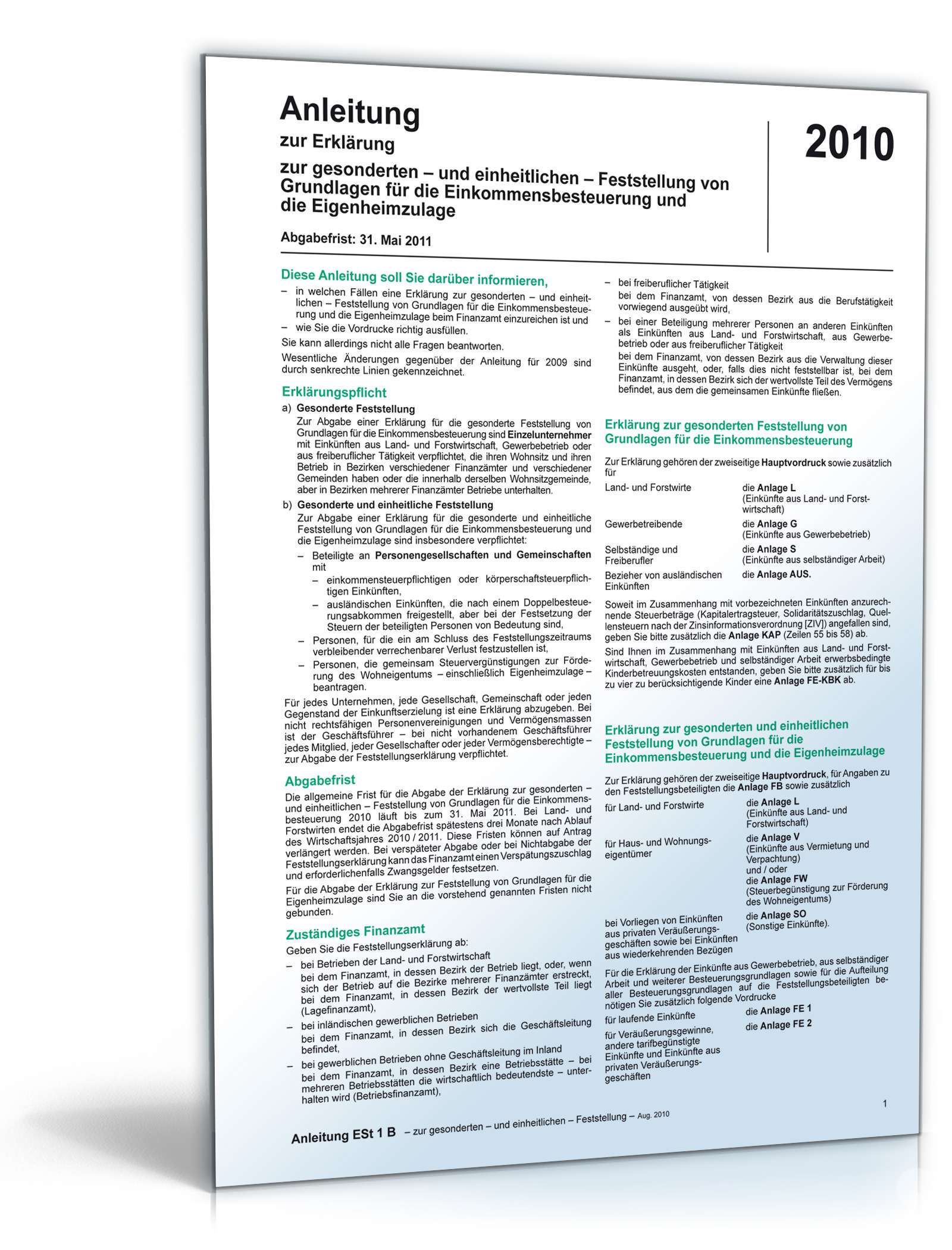 Hauptbild des Produkts: Anleitung Feststellung Einkommensbesteuerung/Eigenheimzulage 2010