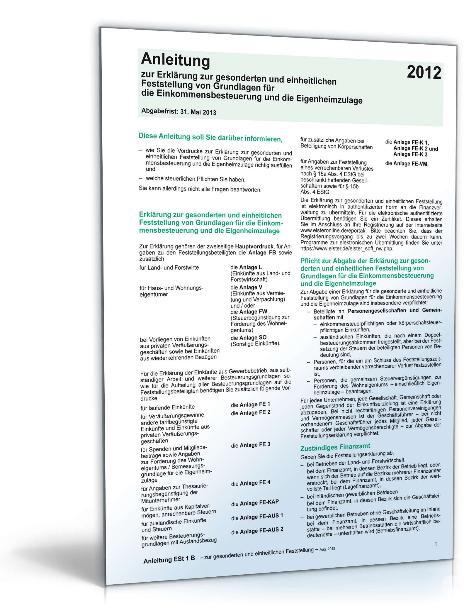 Hauptbild des Produkts: Anleitung zur Feststellung der Einkommensbesteuerung 2012