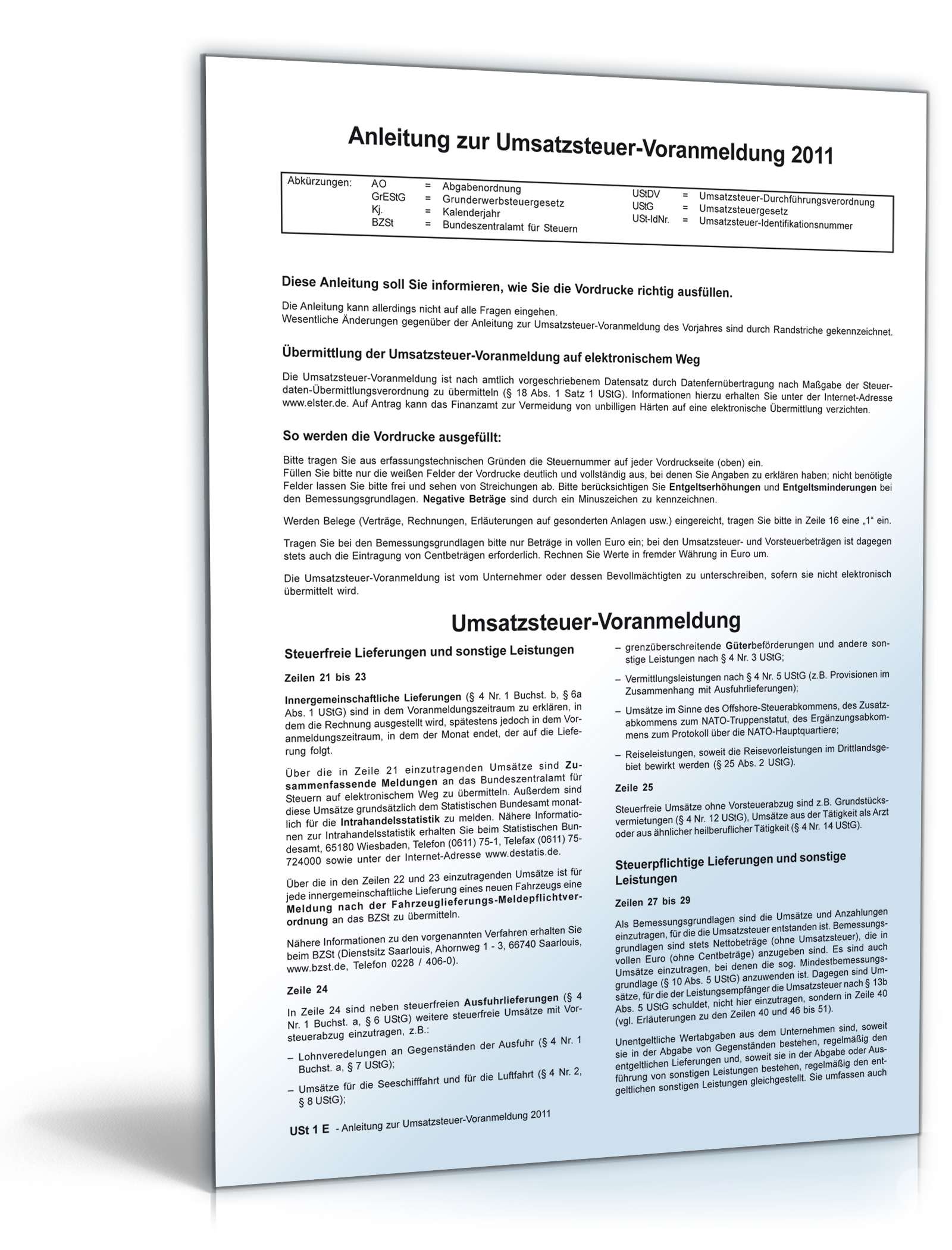 Hauptbild des Produkts: Anleitung zur Umsatzsteuer-Voranmeldung 2011